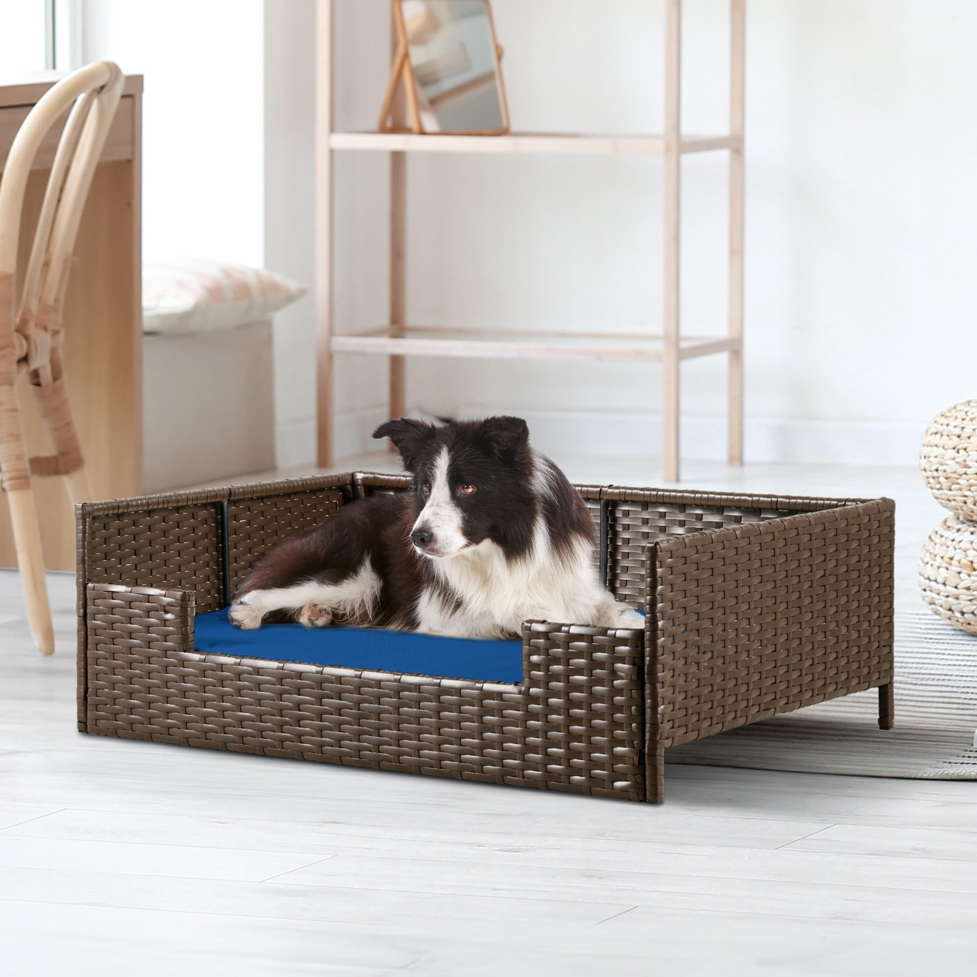 Yitahome Rattan Dog Sofa Bed With Cushion,Wicker Pet Bed Sofa Couch Indoor Outdoor Water Resistant For Large Medium Small Dogs C