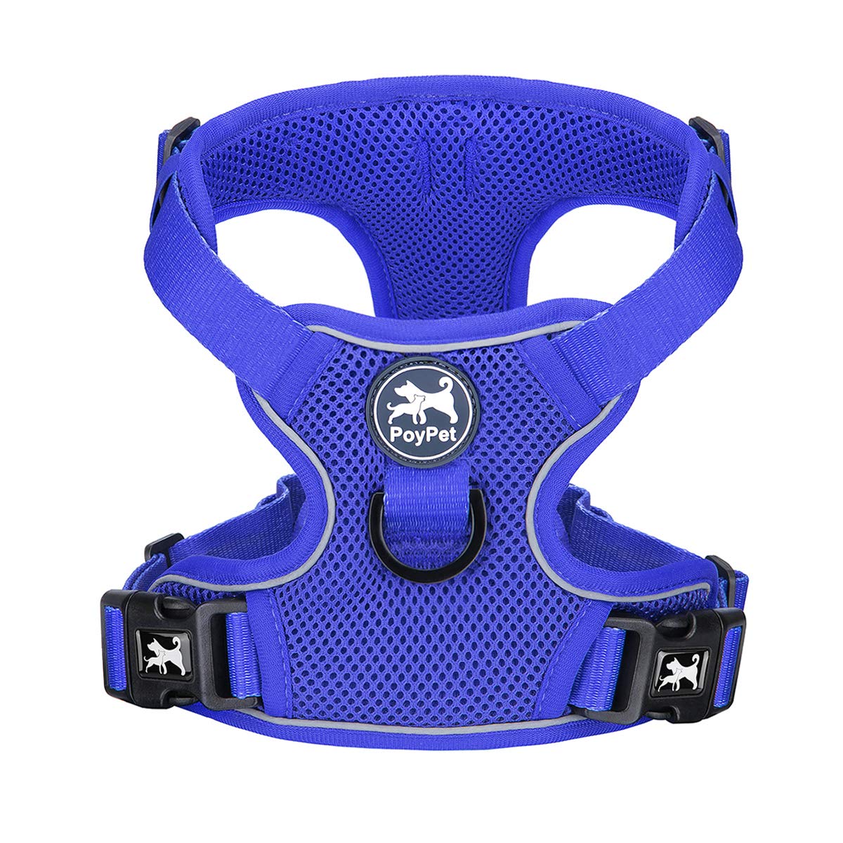 PoyPet Reflective Soft Breathable Mesh Dog Harness Choke-Free Double Padded Vest with Adjustable Neck and Chest(Royal Blue,L)