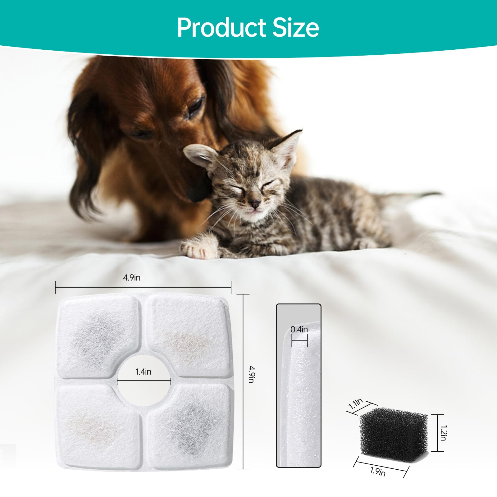 8-Pack Cat Water Fountain Filter Replacement & 8-Pack Pre-Filter Sponges for Square 84oz/2.5L Automatic Cat Fountain Dog Water D