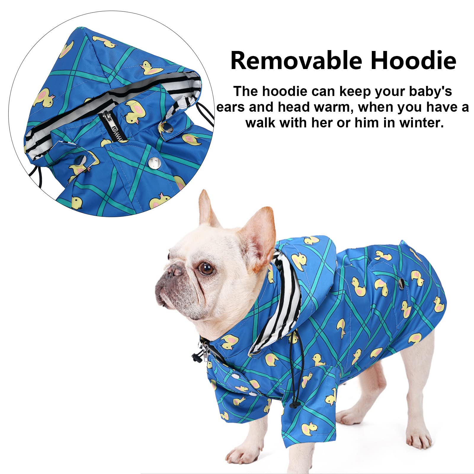 Dog Zip Up Raincoat With Reflective Buttons, Rain/Water Resistant, Adjustable Drawstring, Removable Hood, Raincoats With Legs 8L