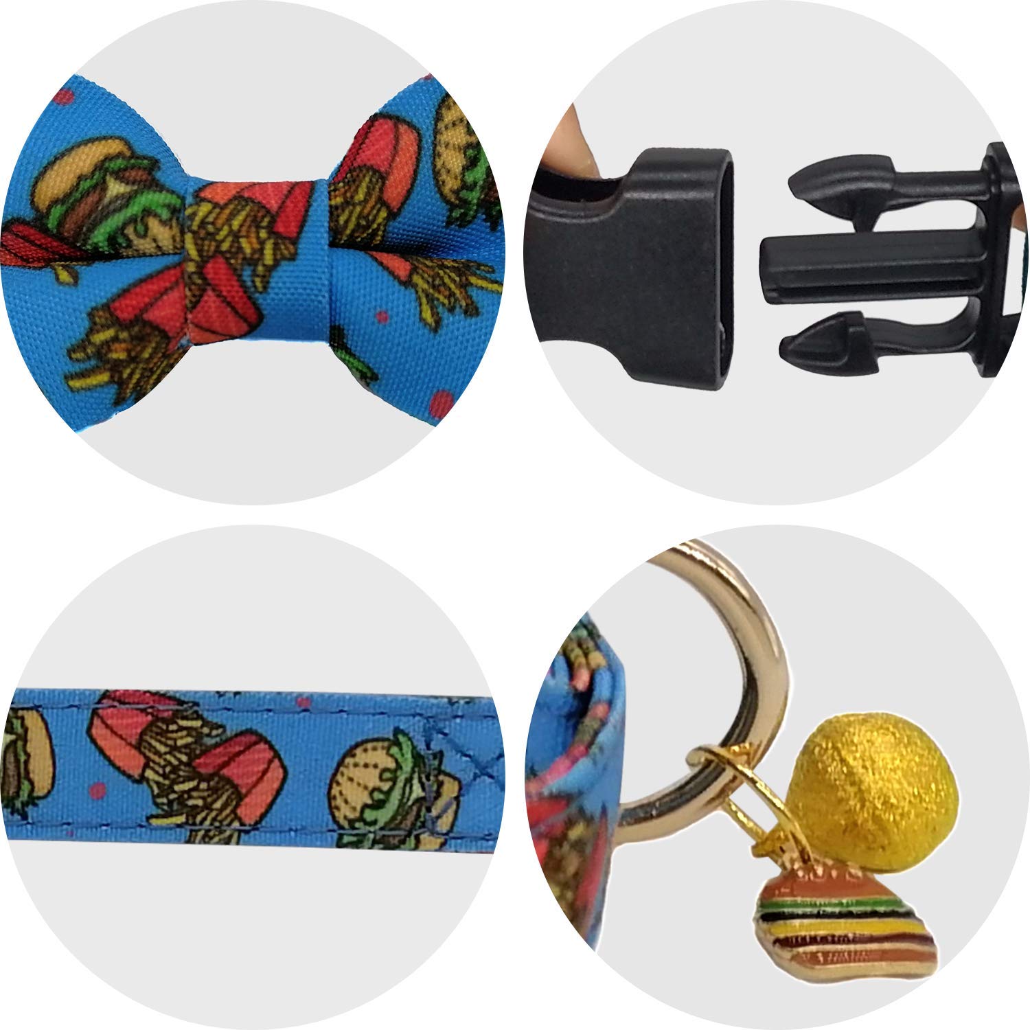 Kudes 2 Pack Print Dog Collars With Bow Tie, Adjustable Dog Collar With Bells And Charm Safety Buckle Cute Pet Collars For Small/Medium/Large Dogs And Cats Boys Girls (Hamburger+Sushi, S(10'-14'))