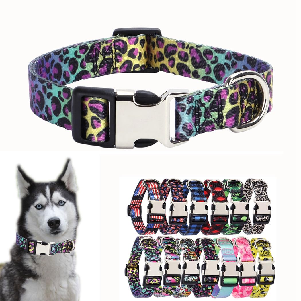 Colorful Leopard Dog Collars For Medium Dogs, Pretty Pattern Print Cheetah Dog Collar Metal Buckle Durable Soft Girl Puppy Colla