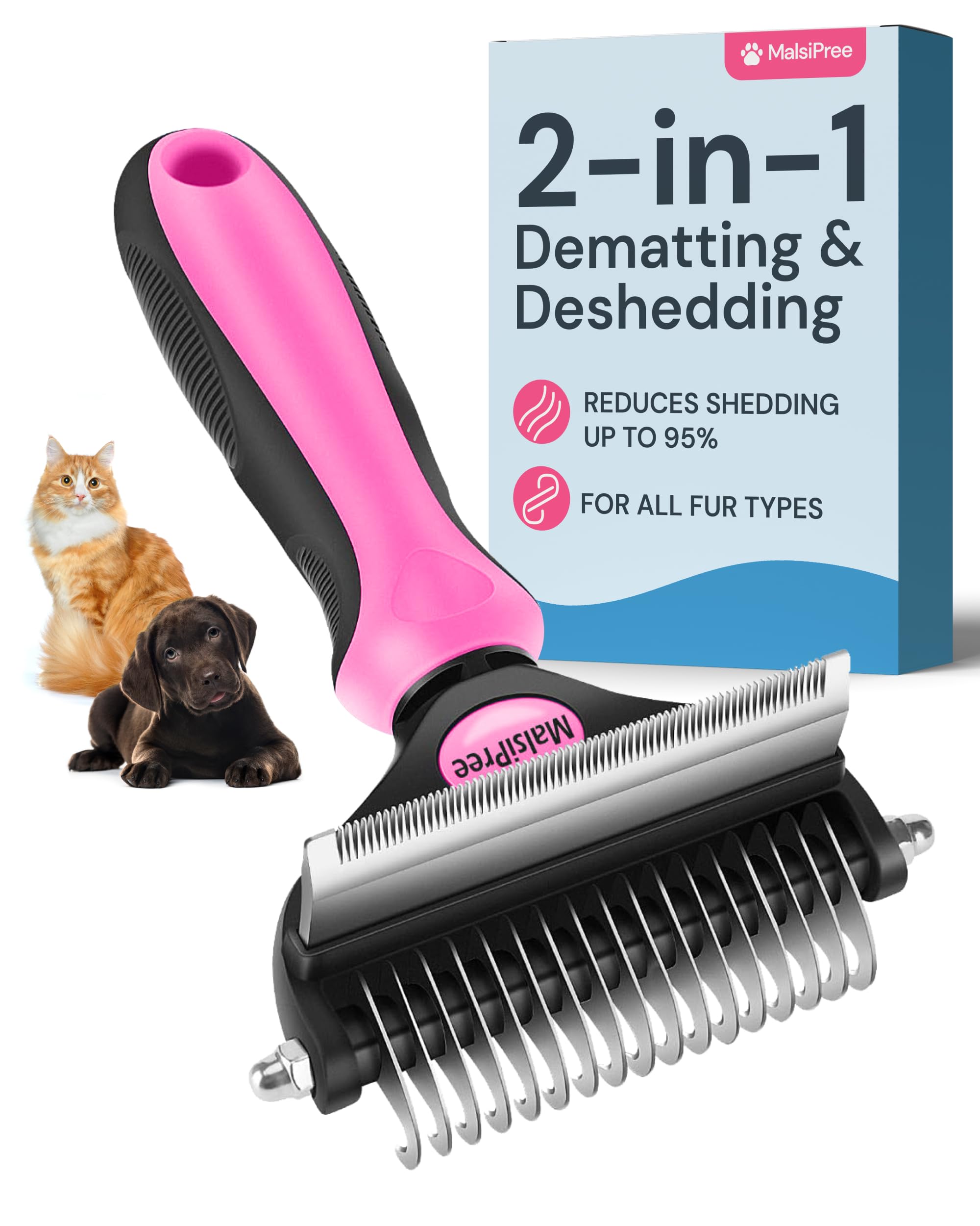 MalsiPree Dog Grooming Brush - 2 in 1 Deshedding Tool & Undercoat Rake for Long & Short-Haired Pets - Dog Brush, Dematting Comb 