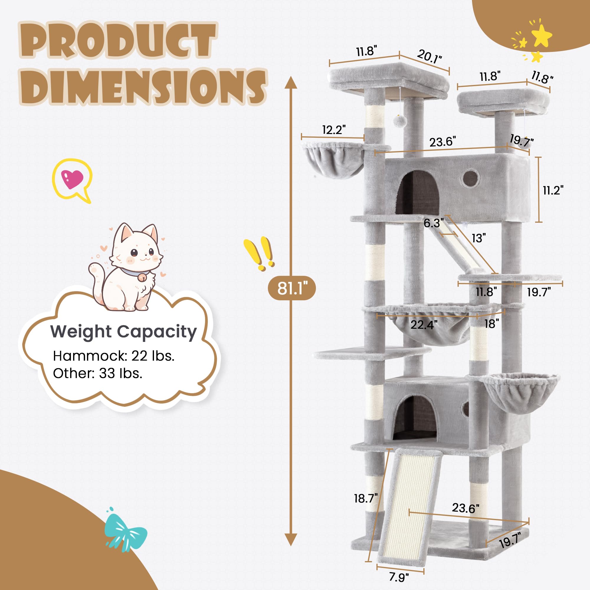 Sha Cerlin 81In Multi-Level Tall Cat Tree Tower For Indoor Kitties/Larger Cat Condo Furniture With Hammock/Cozy Pussycat Perches
