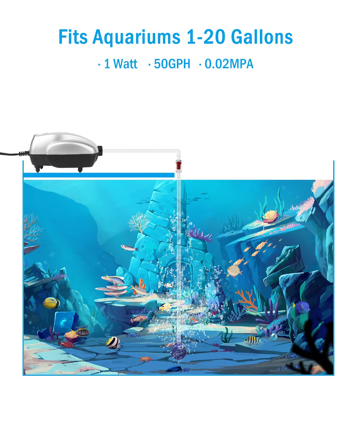AquaMiracle Aquarium Air Pump Fish Tank Bubbler Aerator, All-in-One Fish Tank Air Pump Kit, Quiet Small Aquarium Bubbler for 1-2