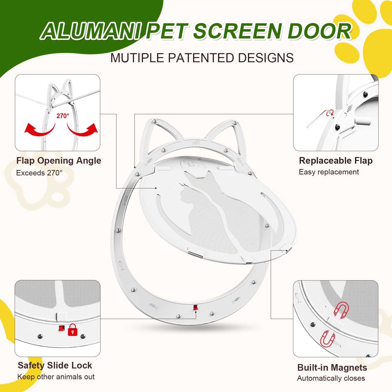 ALUMANI Cat Door for Screen Door, Cat Screen Door with Lockable Magnetic Flap, Anti-Mosquito Cat Door for Screen Window, White
