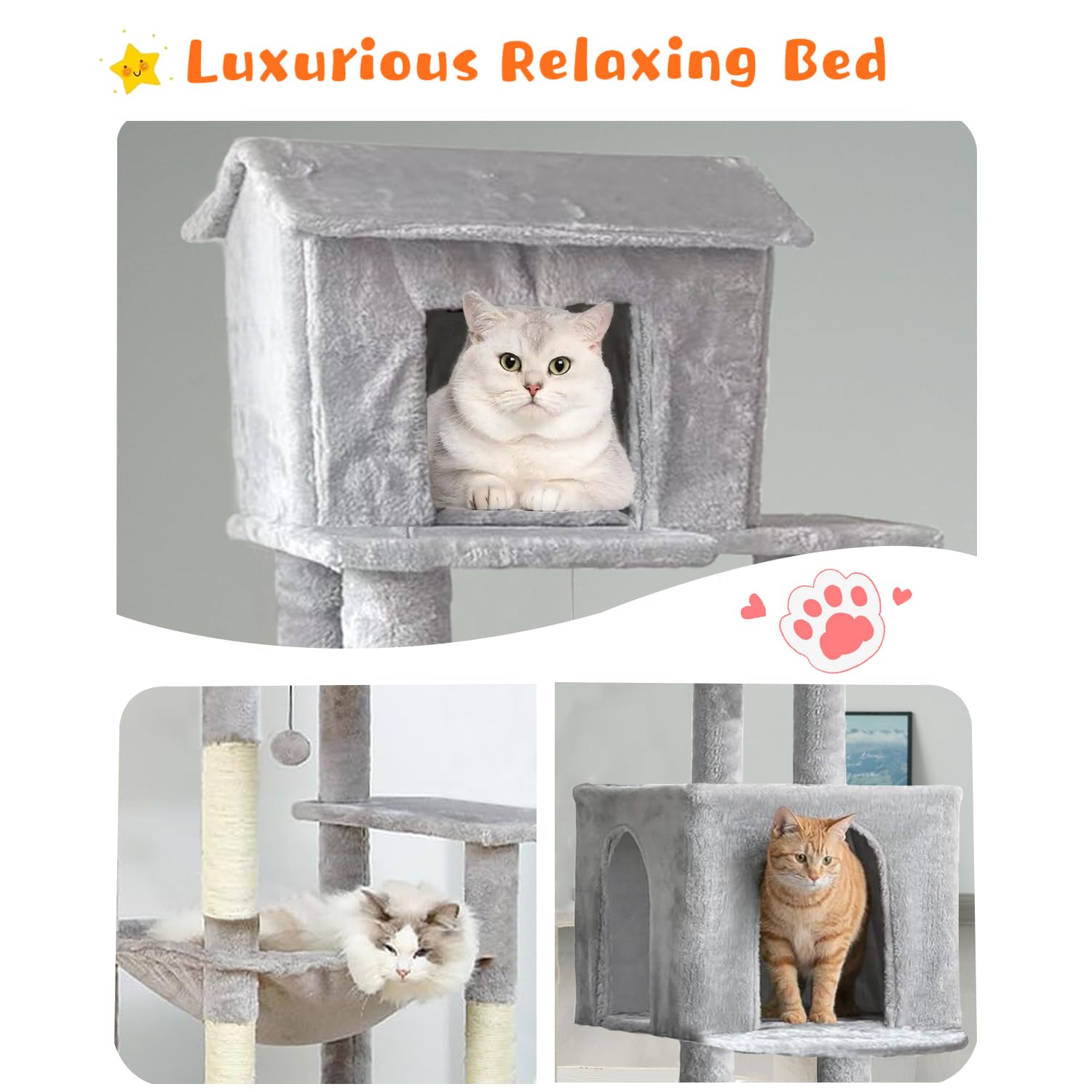 64 Inches Multi-Level Large Cat Tree Tower with Cat House for Indoor Cats/Cozy Perches/Cat Condo/Sisal Scratching Posts/Hammock/