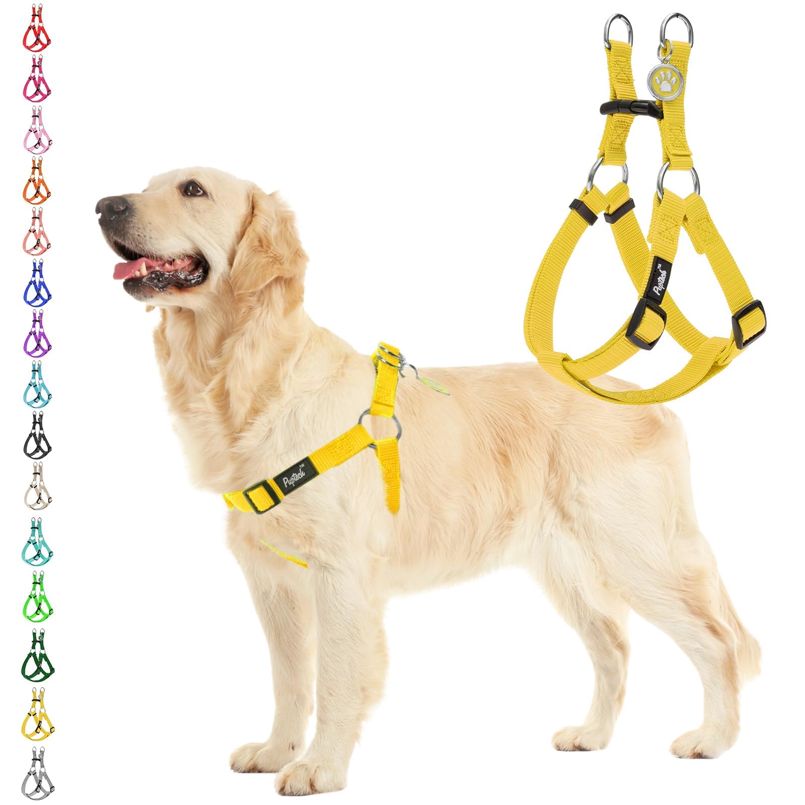 Pupteck No Pull Dog Harness Soft Adjustable Basic Nylon Step In Puppy Vest Outdoor Walking With Id Tag, Yellow, L