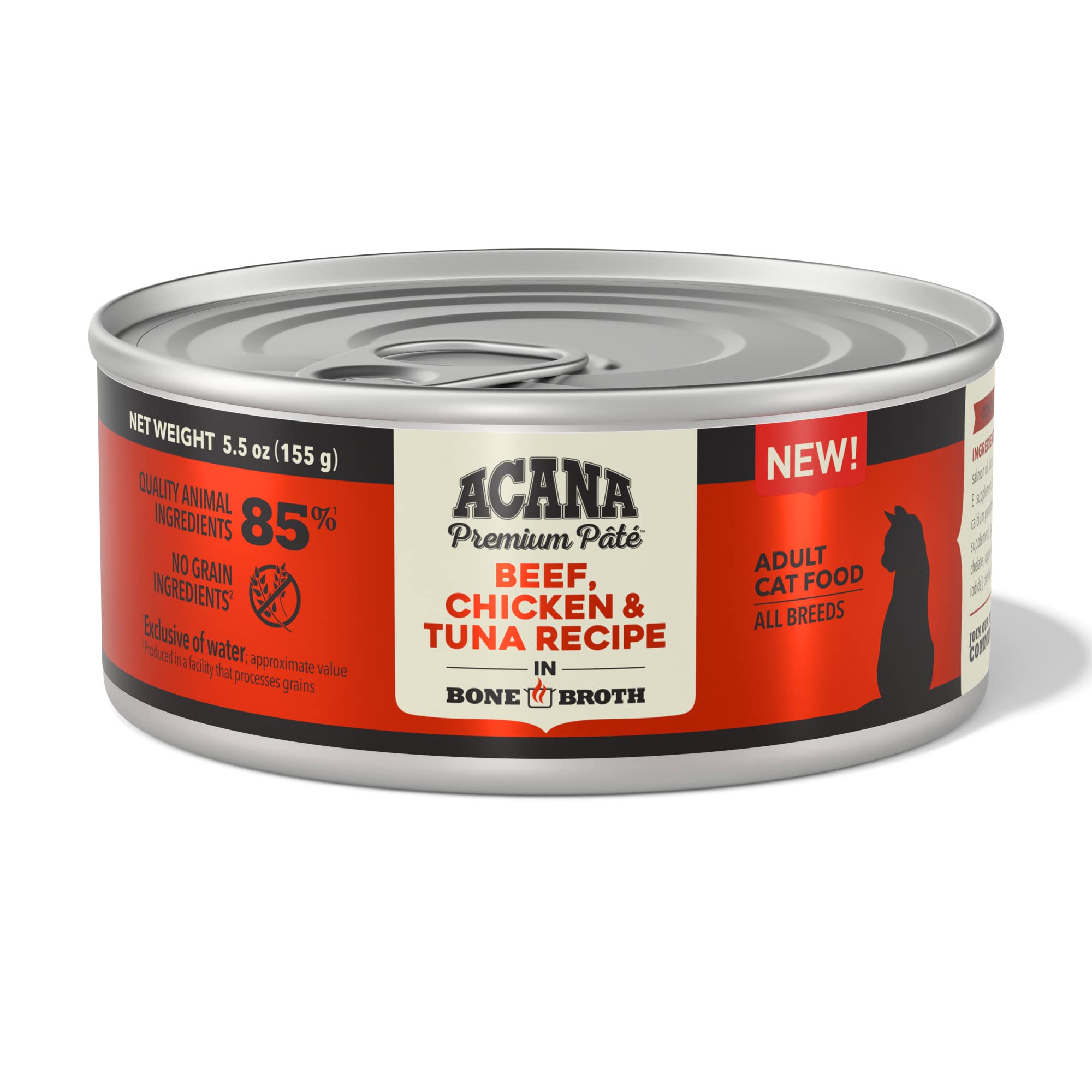 ACANA Premium Pate Wet Cat Food in Bone Broth Beef Chicken + Tuna Recipe 5.5oz Cans (12 count)