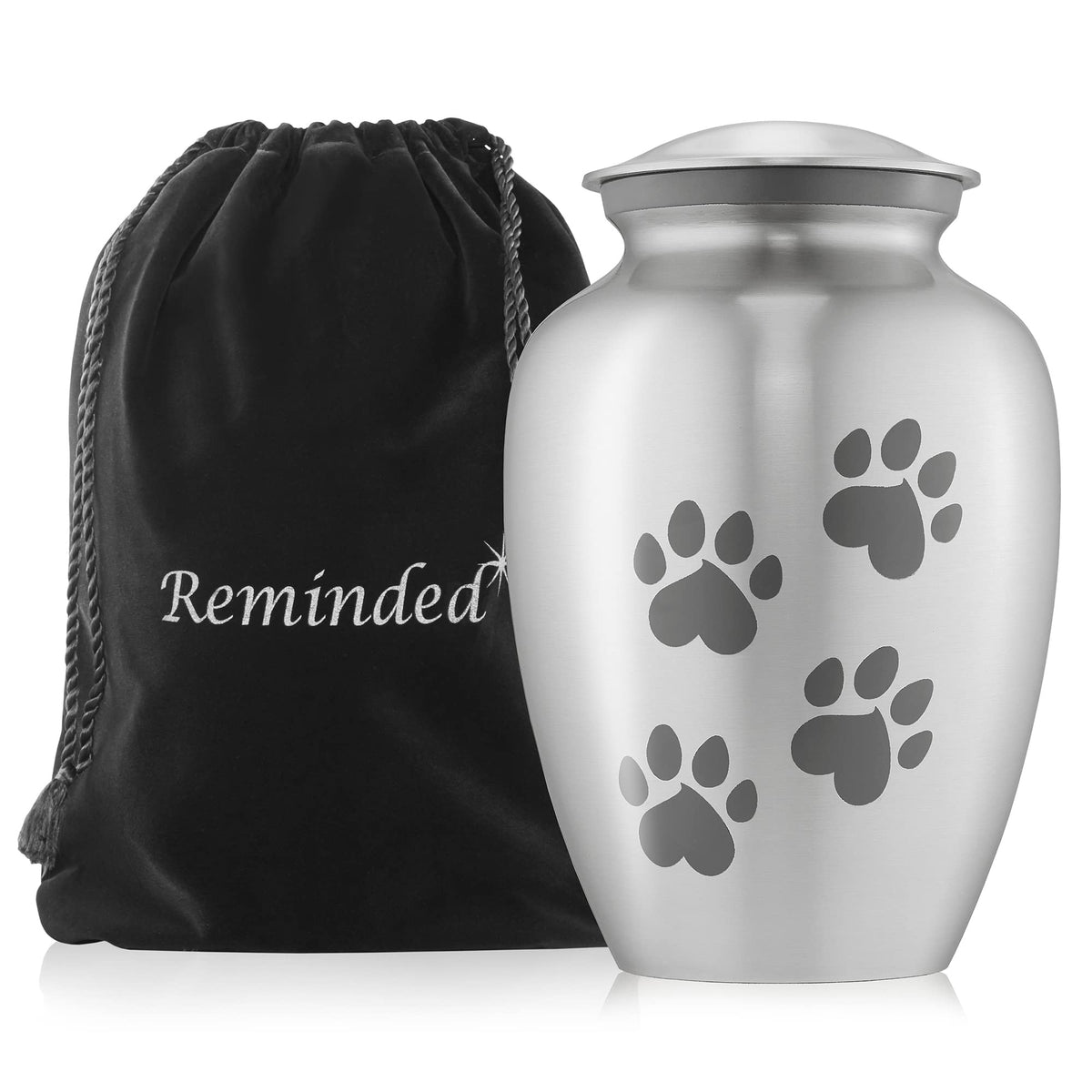 Reminded Pet Cremation Urns For Dog And Cat Ashes, Memorial Paw Print Urn - Large Up To 110 Pounds Silver