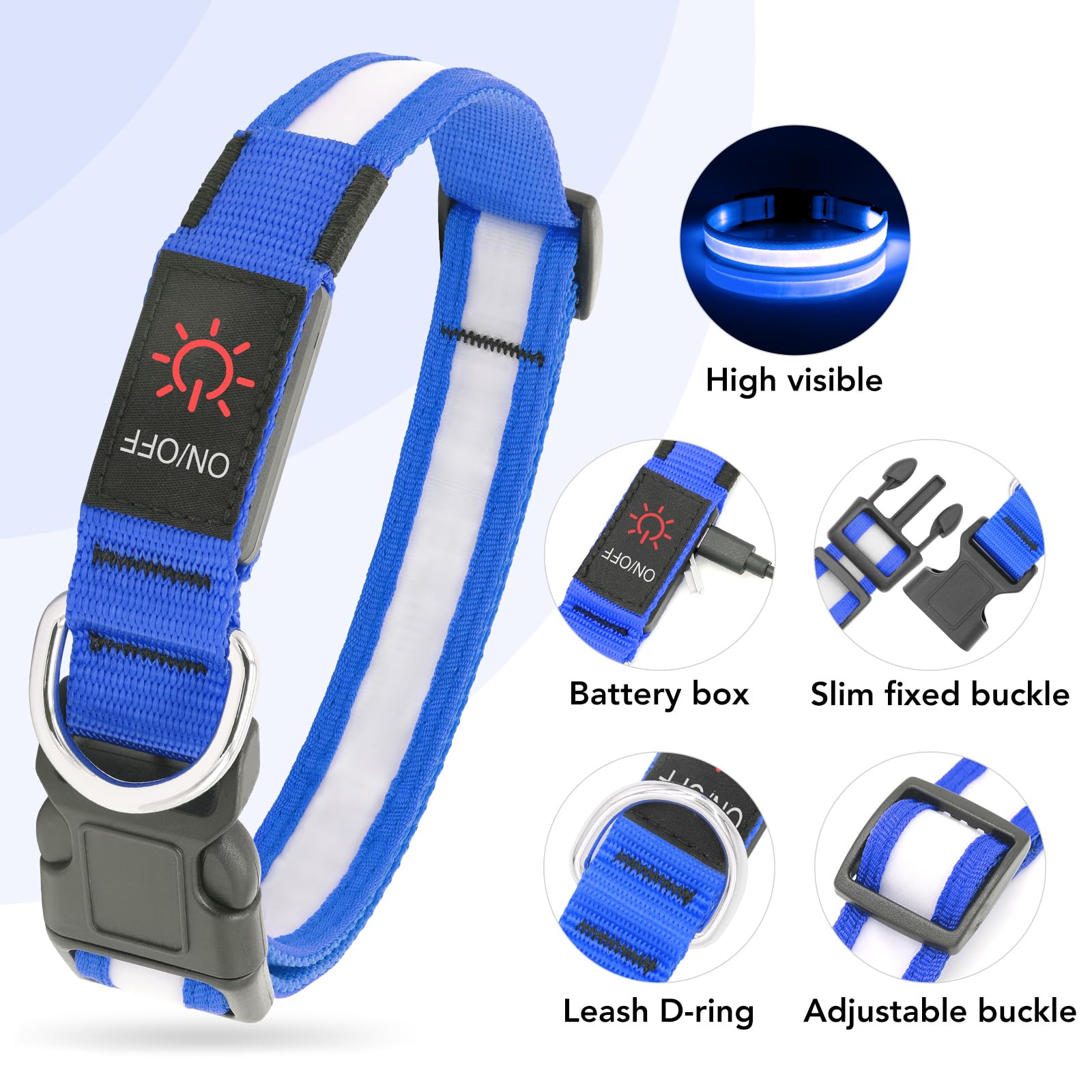 VIZPET LED Dog Collar - Adjustable, USB Rechargeable, Super Bright, Medium 14.96-19.68 inch, Blue, Thermoplastic Polyurethane Material