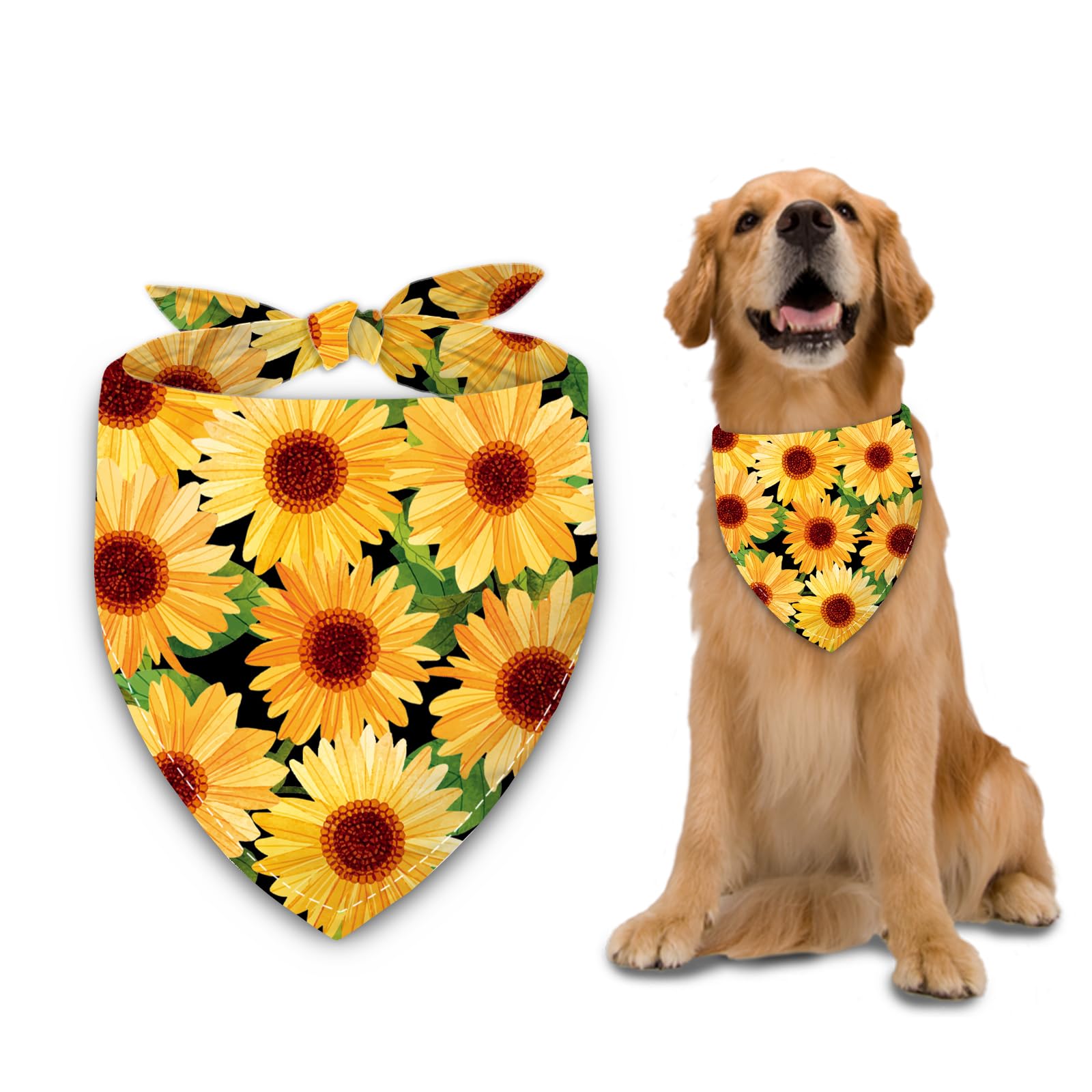 Liboom - Sunflower With Leaves Dog Bandana Washable Pets Scarf Triangle Adjustable Handkerchief, Double Sided Printing, Black,Su