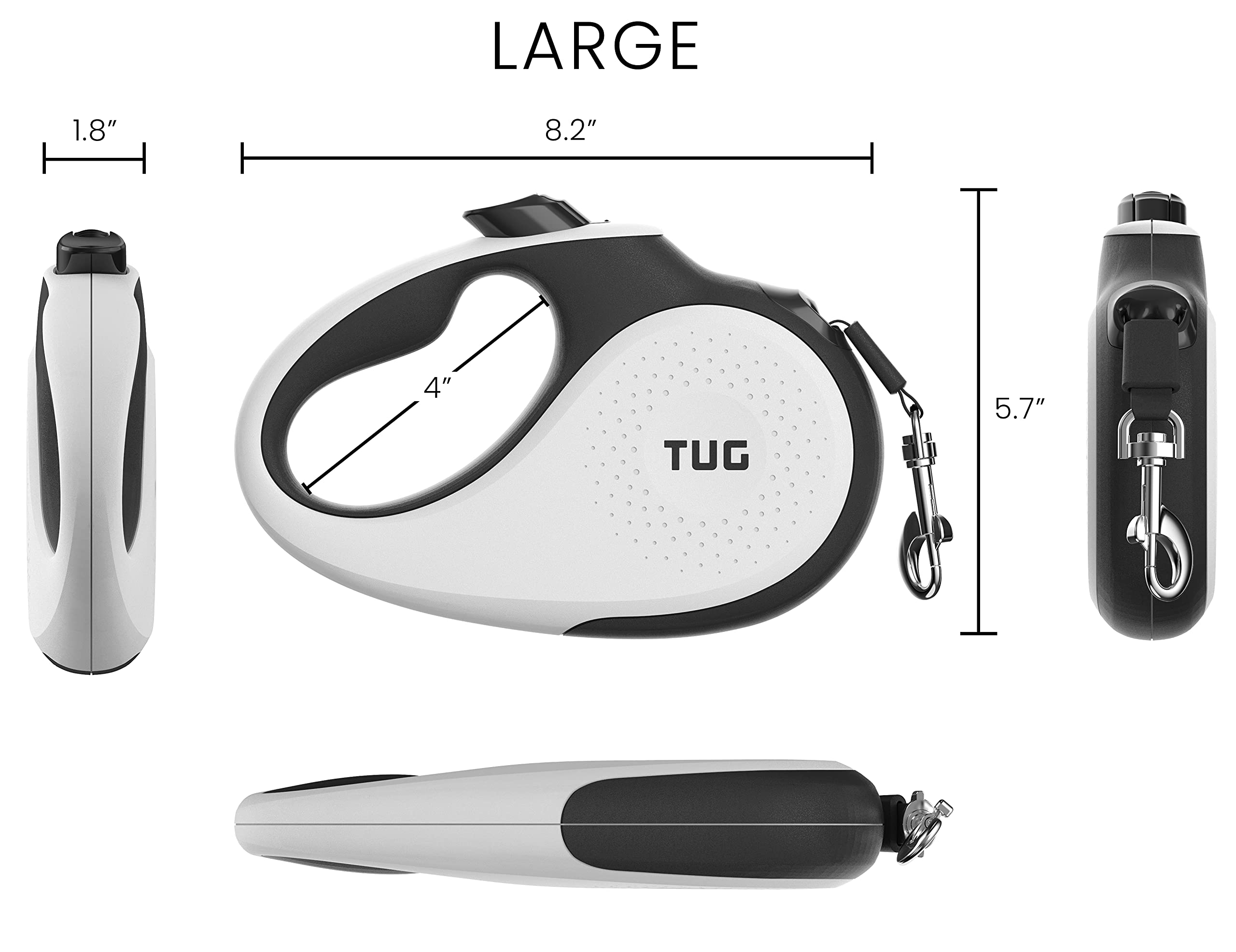 Tug 360?Tangle-Free Retractable Dog Leash | 16 Ft Strong Nylon Tape | One-Handed Brake, Pause, Lock (Large, White)