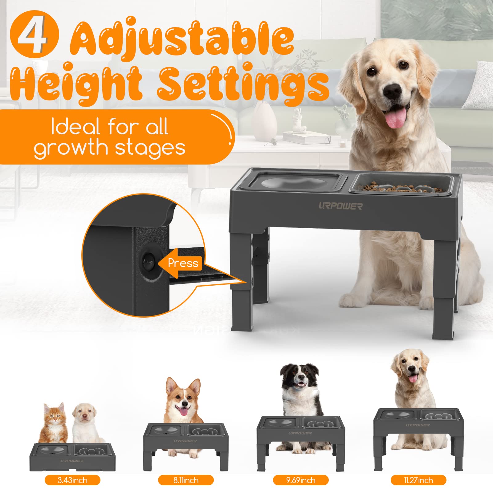 URPOWER 2-in-1 Elevated Slow Feeder Dog Bowls with No Spill Dog Water Bowl Dispenser 4 Height Adjustable Raised Dog Bowl Non-Sli