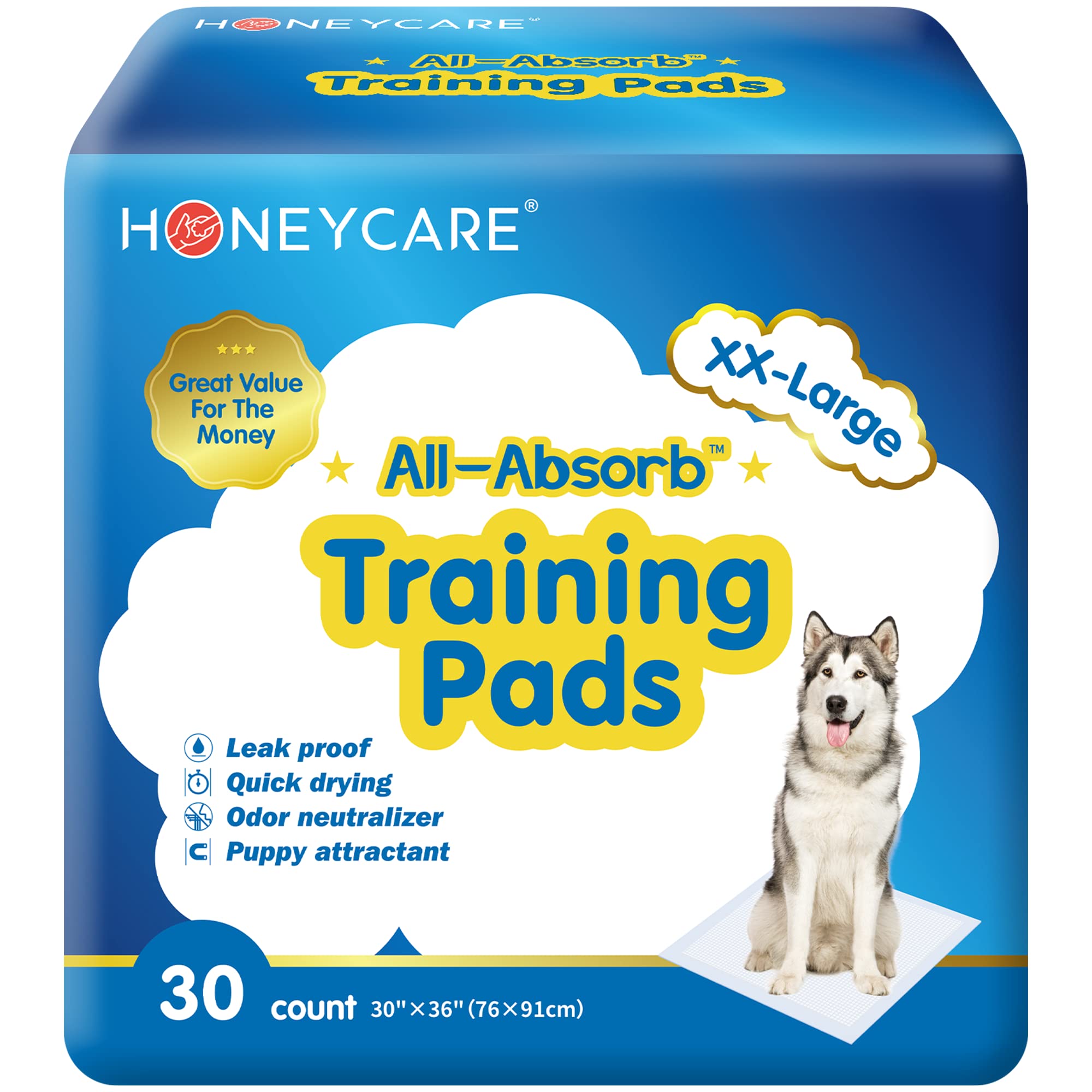 Honey Care All-Absorb, Xxl 30'X36', 30 Count, Dog And Puppy Training Pads, Ultra Absorbent And Odor Eliminating, Leak-Proof 5-Layer Potty Training Pads With Quick-Dry Surface, Blue, A39
