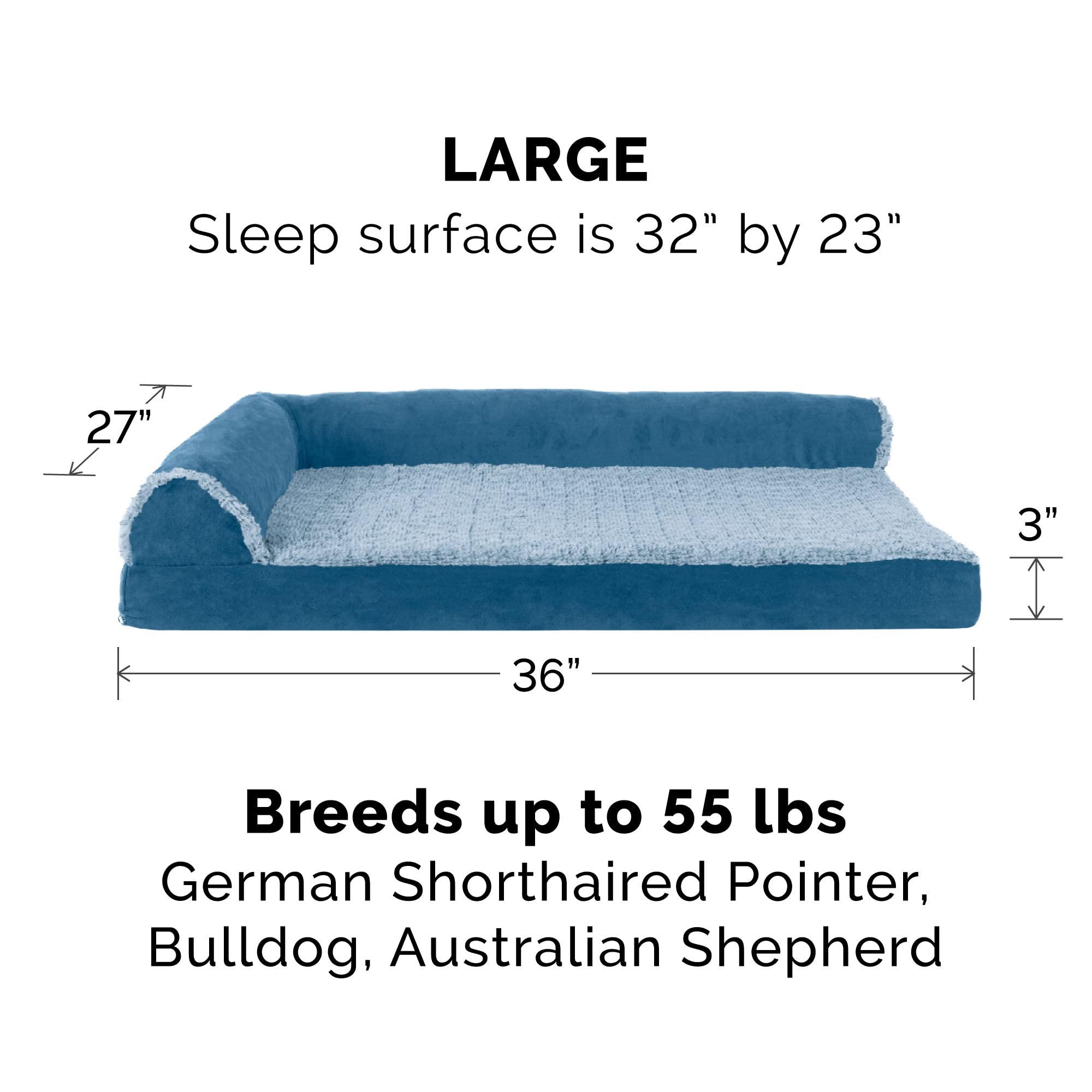 Furhaven Orthopedic Dog Bed For Large/Medium Dogs W/ Removable Bolsters & Washable Cover, For Dogs Up To 55 Lbs - Two-Tone Plush Faux Fur & Suede L Shaped Chaise - Marine Blue, Large