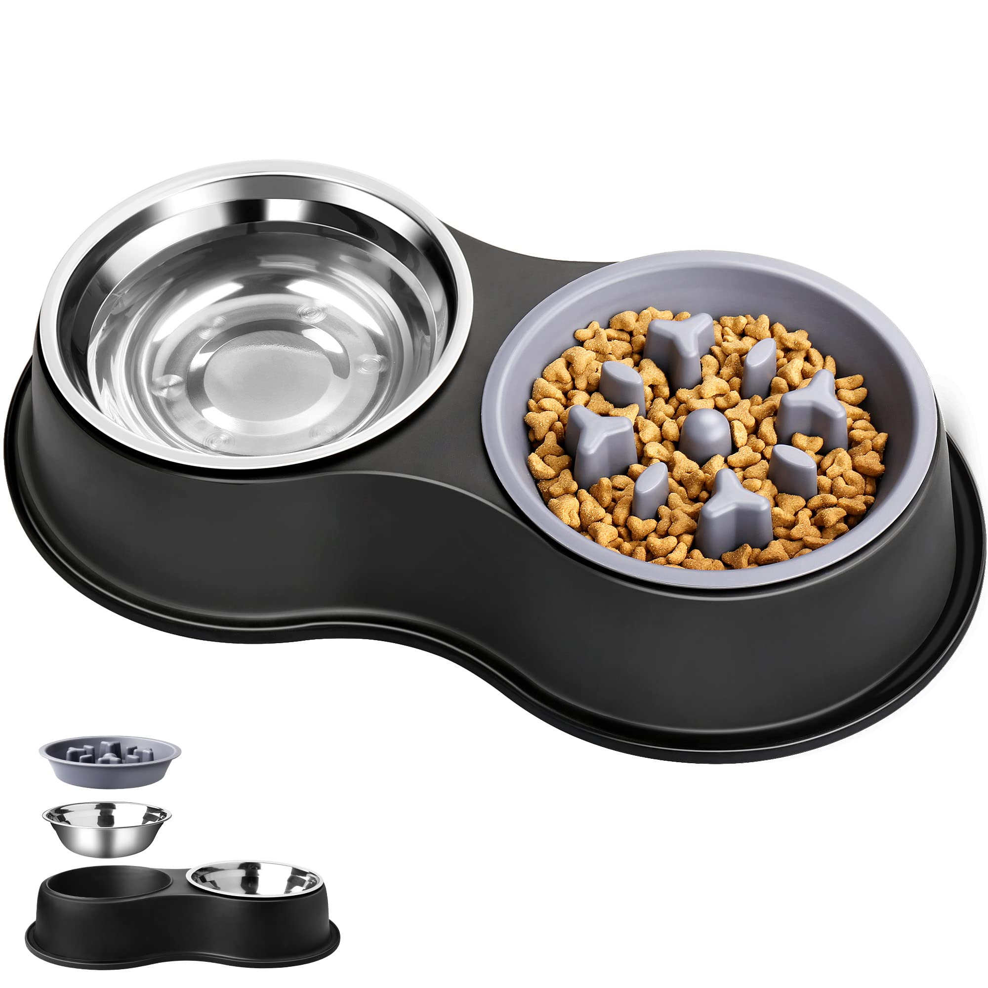 Dog Bowls Double Dog Water and Food Bowls Stainless Steel Bowls with Non-Slip Resin Station, Pet Feeder Bowls for Puppy Medium D