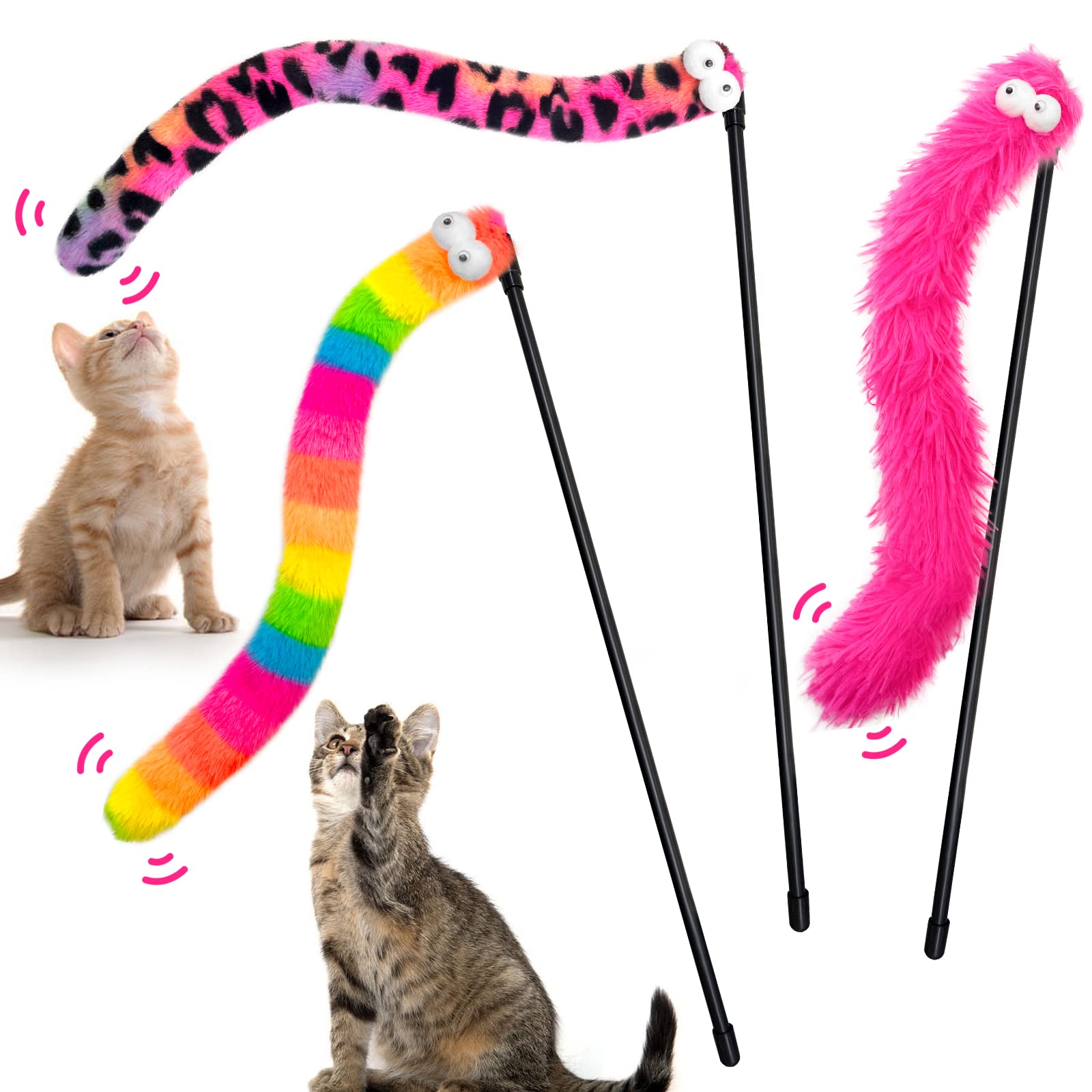 Lepawit 3 Pack Cat Wand Toy, Rainbow Cat Feather Toys With Bells, Teaser Wand With Soft Furry Tail, Interactive Toys For Indoor 