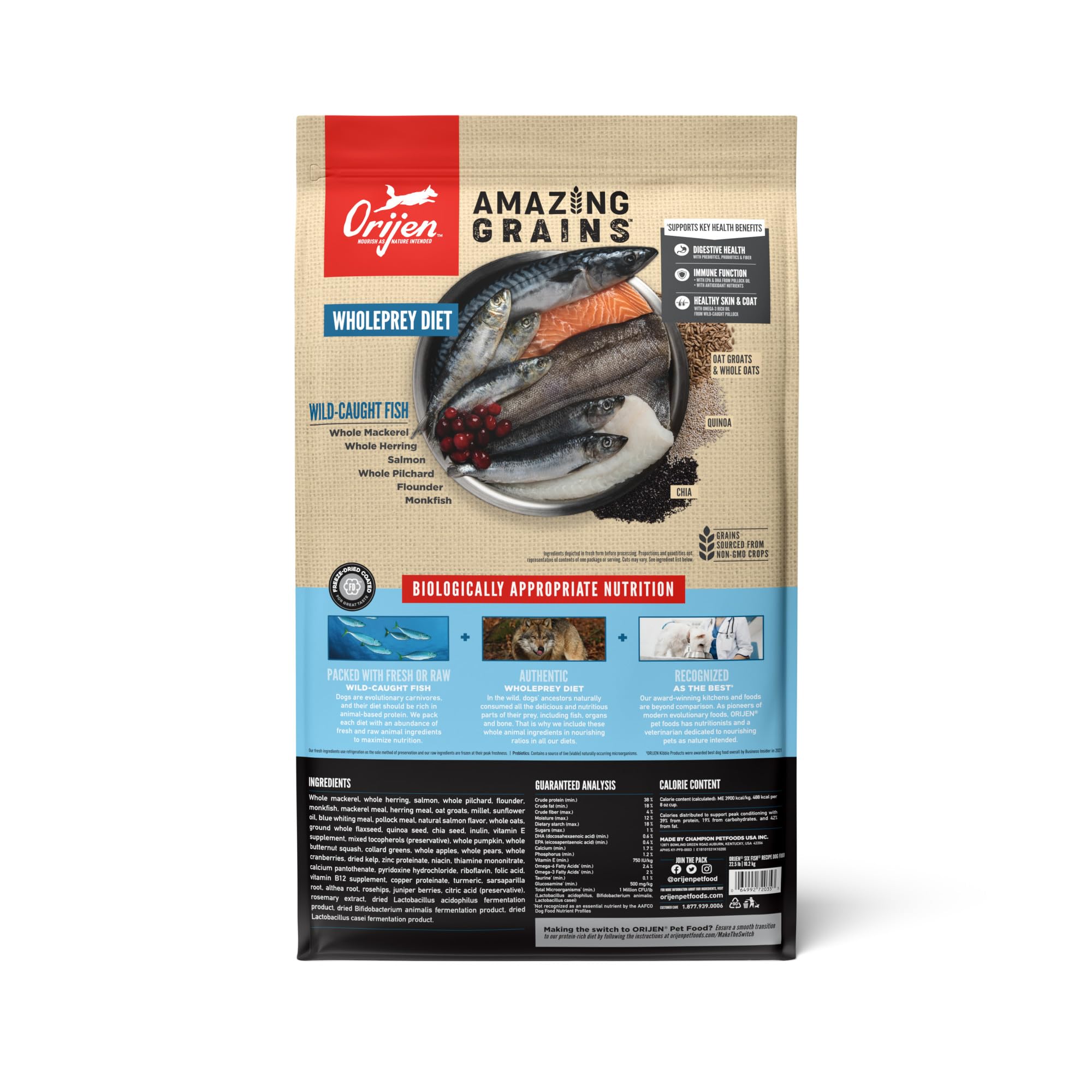ORIJEN Amazing Grains Six Fish Recipe Dry Dog Food, High Protein Dog Food, Fresh or Raw Ingredients, 22.5lb