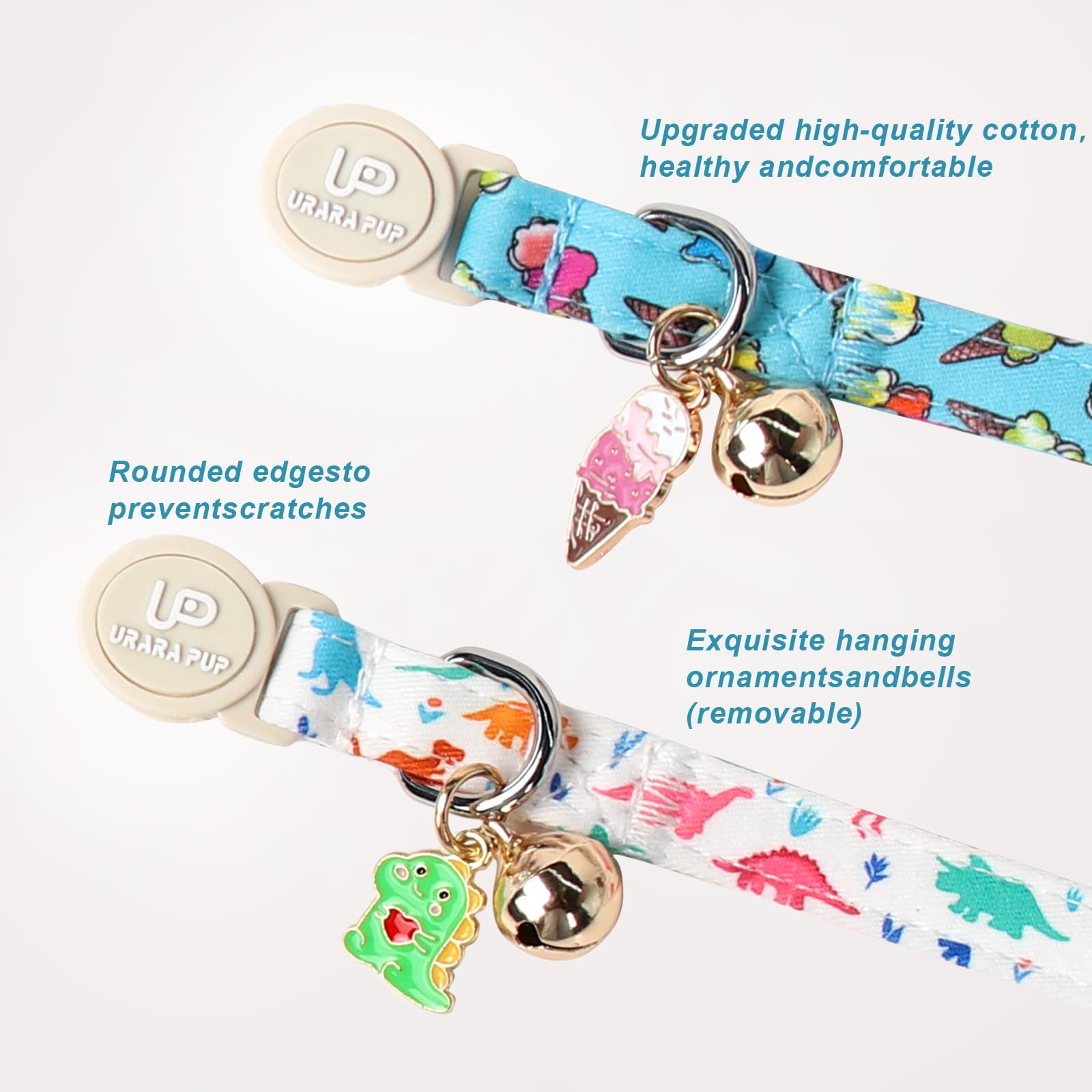 Up Urara Pup Cat Collar, 2Pack Summer Kitten Collars-Breakaway Kitty Collars-Cute Dinosaur And Icecream Pendants,Cat Collar With
