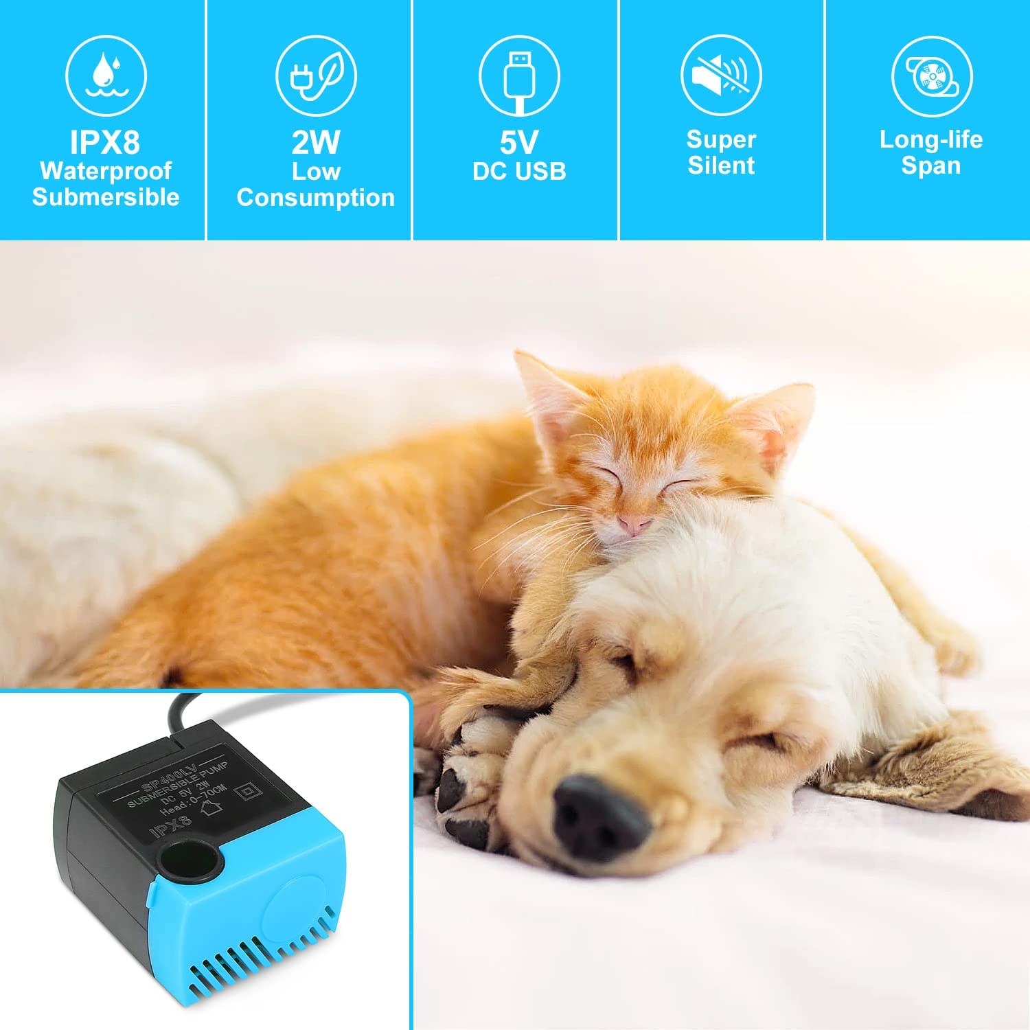 Sanklev Sp-400Lv Cat Water Fountain Pump,Usb Replacement Pump For Pet Drinking Fountains Compatible With Ceramic, Butterfly,Seas