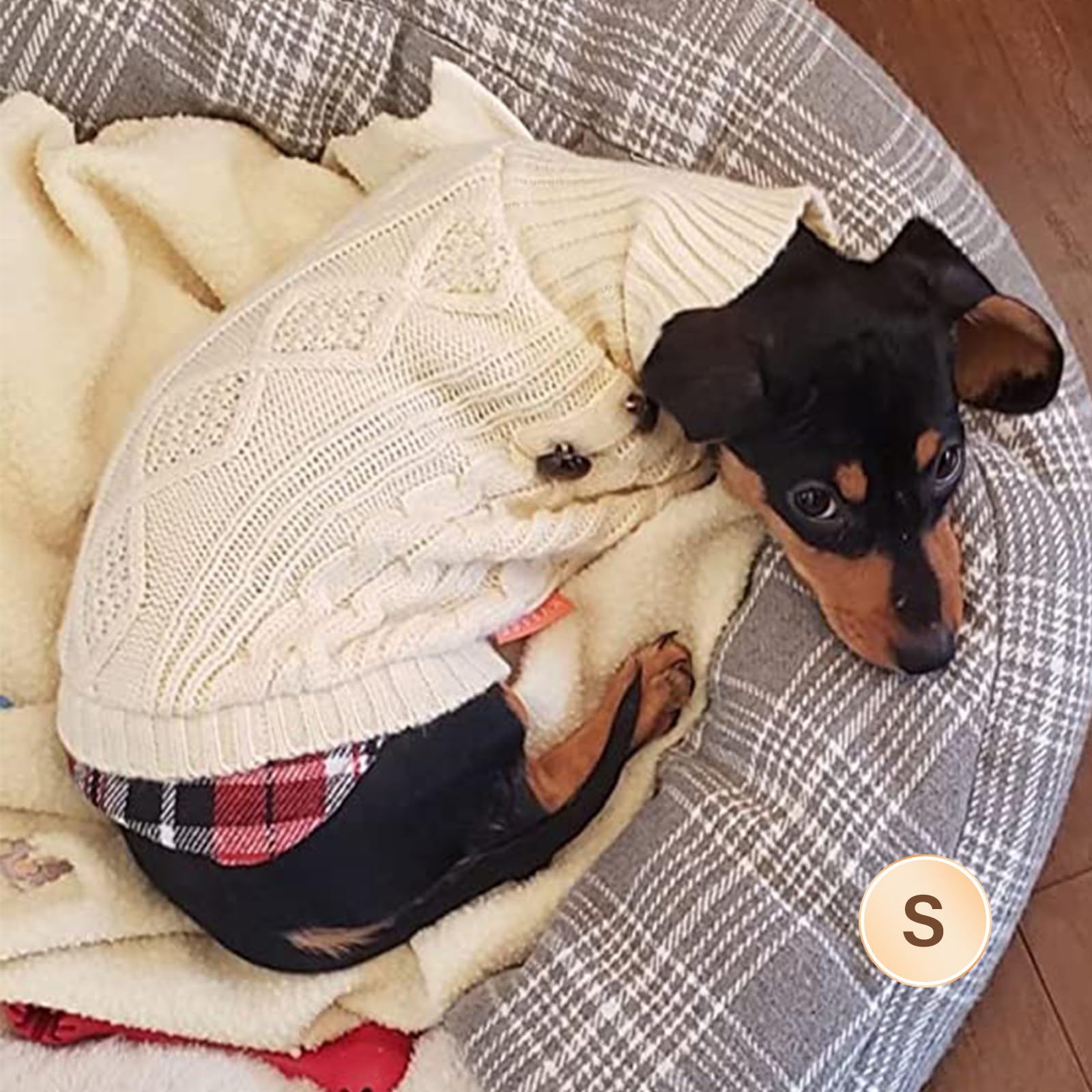 Kyeese Dog Sweaters For Small Dogs With Leash Hole Beige Turtleneck Knitwear Gingham Patchwork Pet Sweater