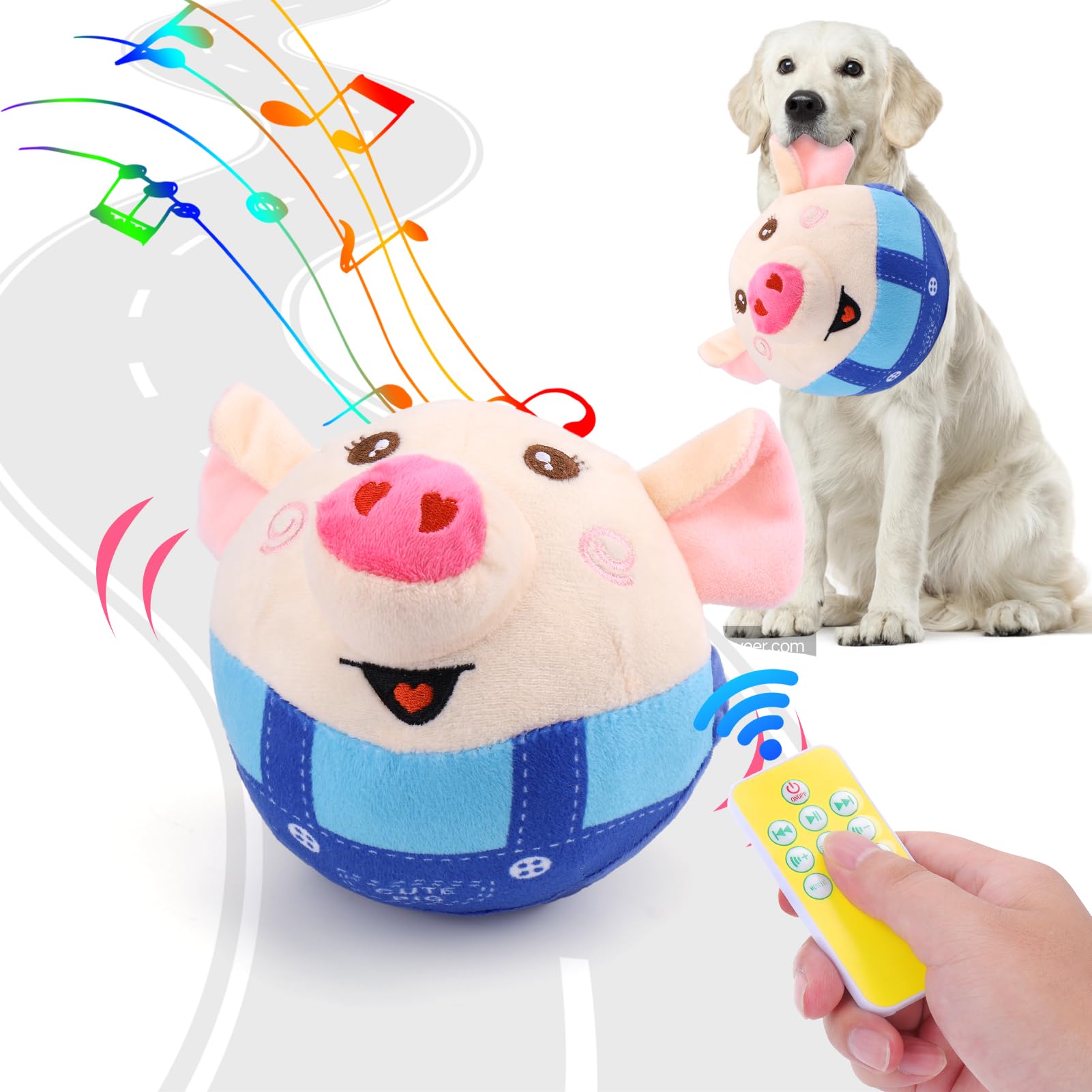 Baborui Blue Pig Interactive Dog Toy, Remote Control Jumping Squeaky Toy With Recording & Music Modes, Rechargeable Moving Dog C