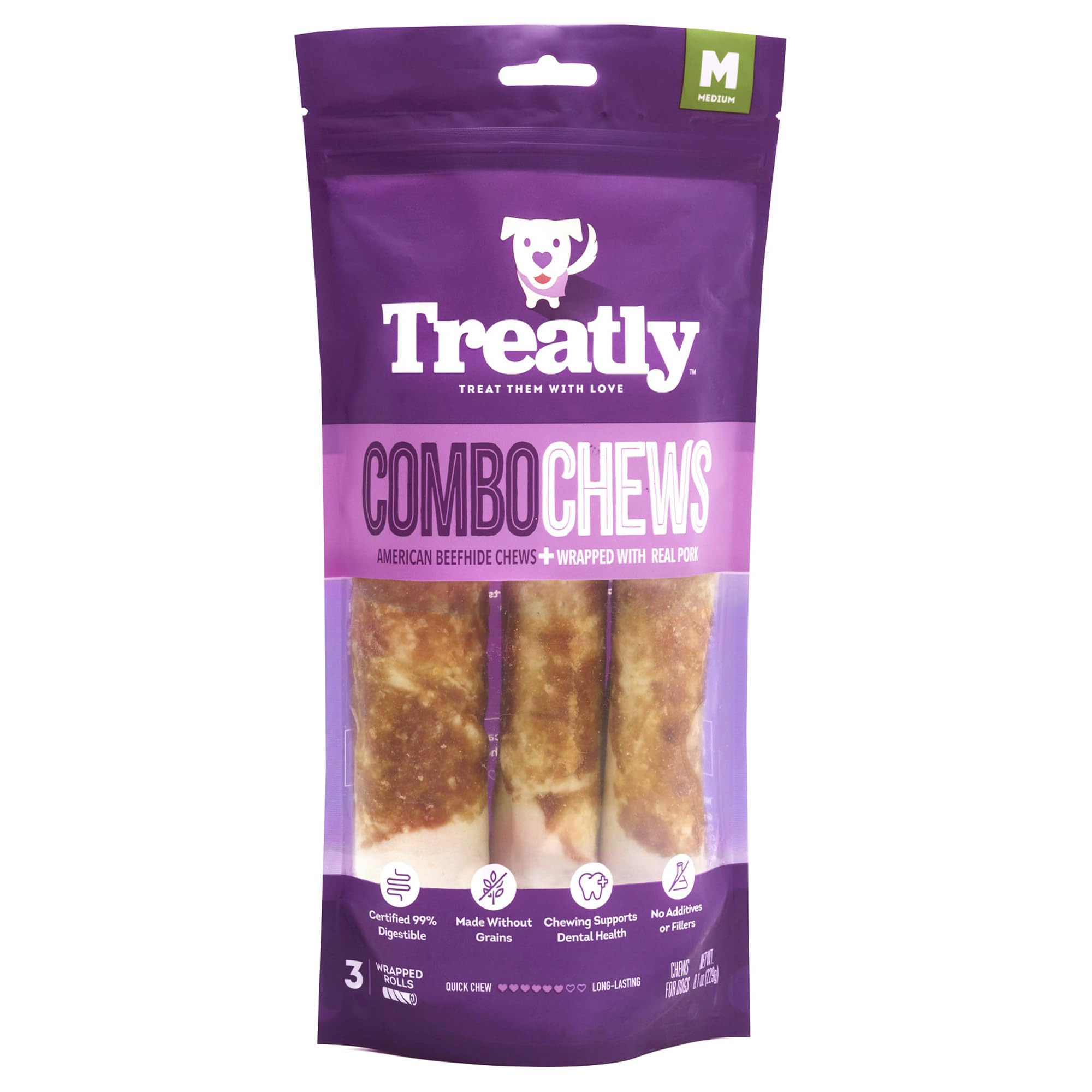 Treatly Combo Chews Beefhide Rolls 7 w/Pork Meat Wrap Dog Chew Treats - 3 Count/1 Pack