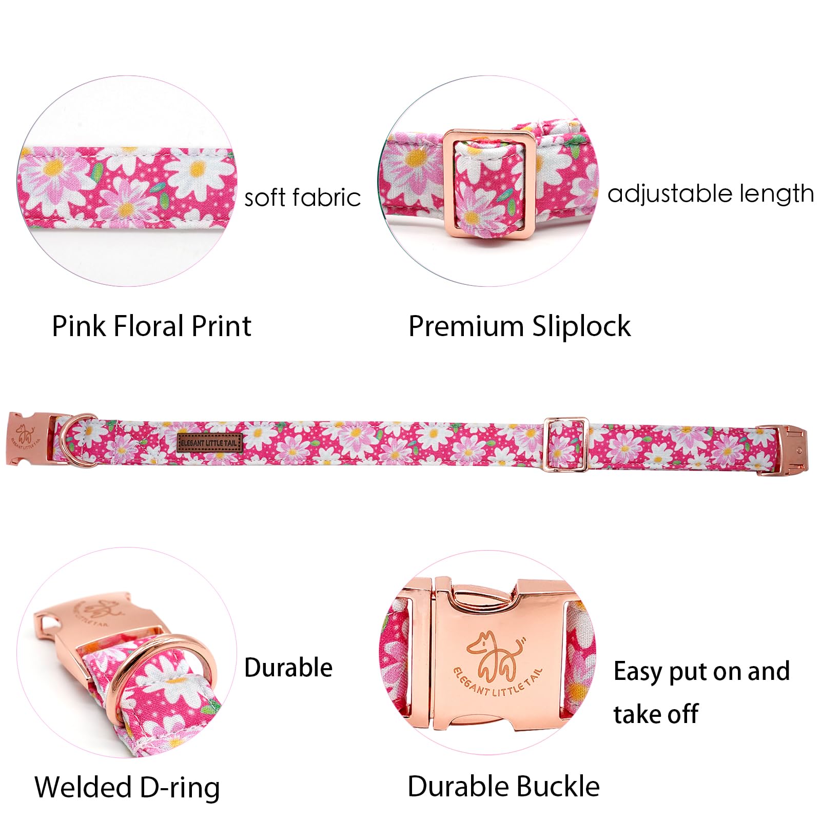 Elegant Little Tail Dog Collar, Pink Floral Pattern Pet Collar Durable Cute Dog Collars Summer Female Pet Gift Adjustable Dog Co