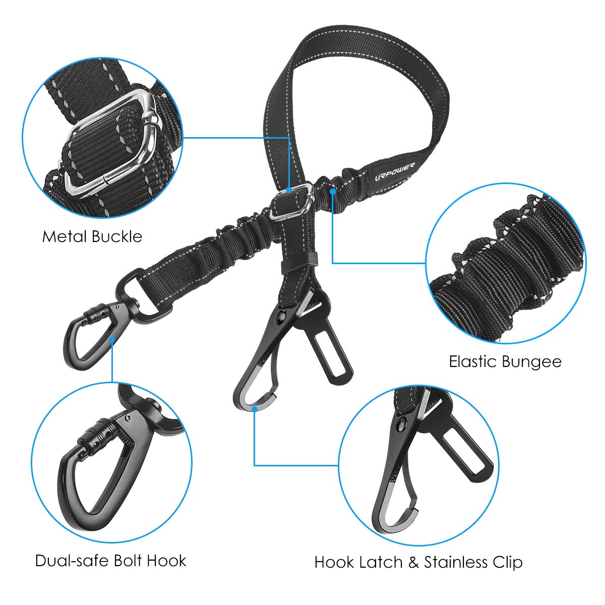 Urpower Upgraded 3-In-1 2 Pack Adjustable Pet Seat Belt For Vehicle Nylon Pet Safety Seat Belts Heavy Duty & Elastic & Durable F