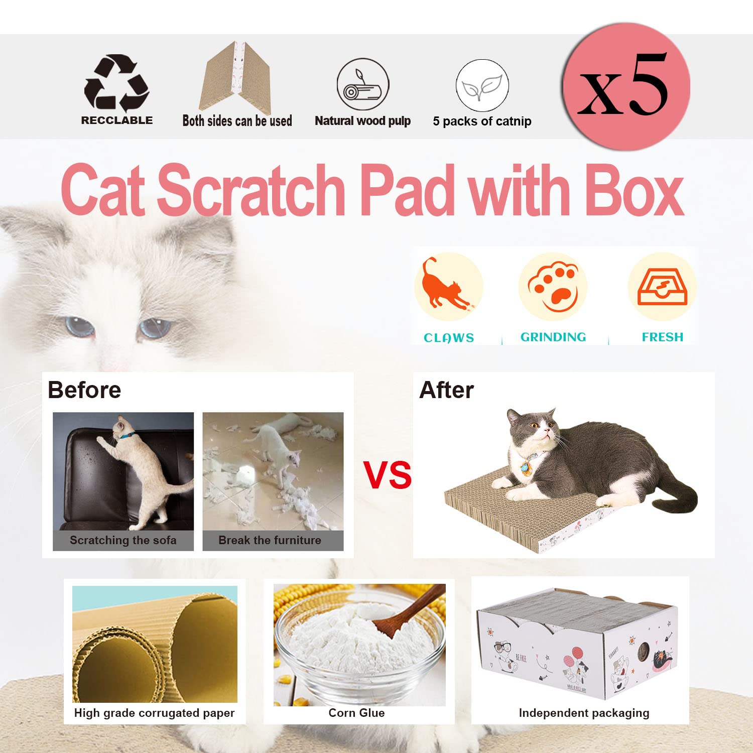 5 Packs In 1 Cat Scratch Pad With Box, Cat Scratcher Cardboard,Reversible,Durable Recyclable Cardboard, Suitable For Cats To Rest, Grind Claws And Play With Scratch Box