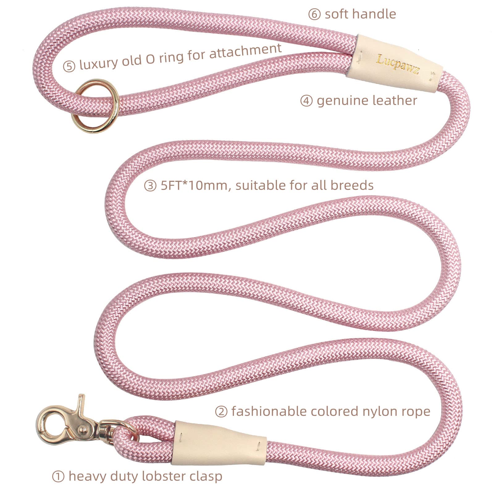 Lucpawz Lobster Snap Pet Leash 5Ft, Special Strong Nylon Rope Dog Leash, Solid Color Rope Dog Lead For All Breeds(Pink, 5Ft*10Mm