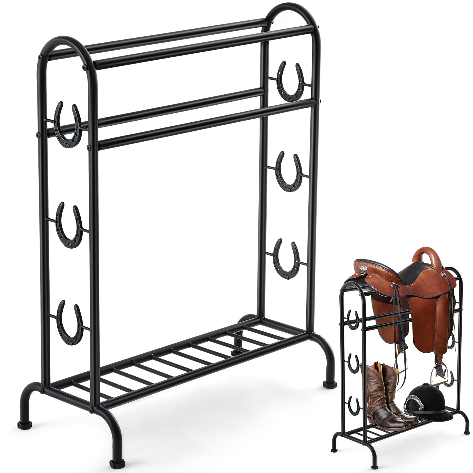 Blulu Saddle Stand, Horseshoe Trophy Horse Saddle Stand, Decorative Iron Horseshoe Motif, Ideal for Trophy Saddle Display Access