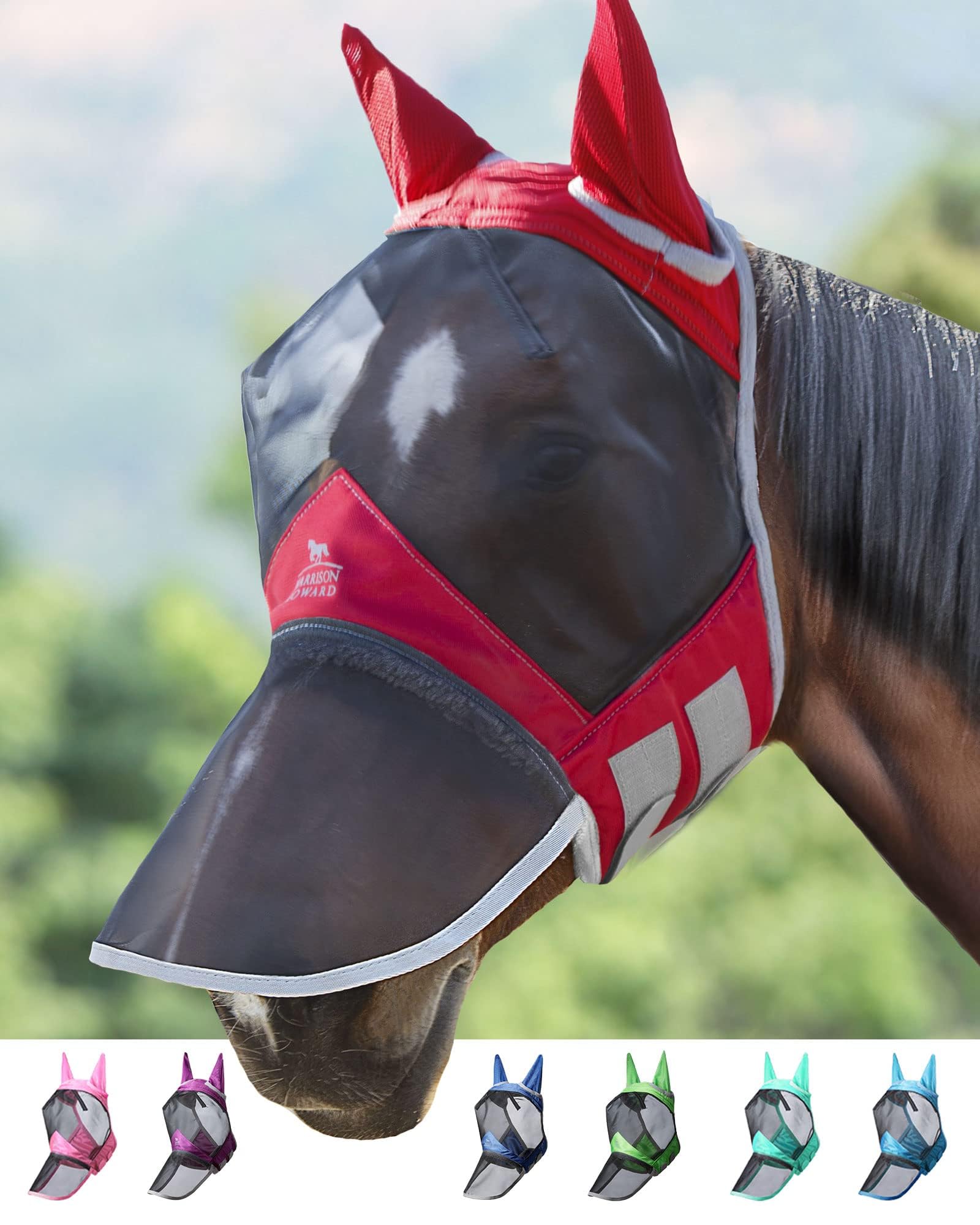 Harrison Howard CareMaster Pro Luminous Horse Fly Mask Large Eye Space Long Nose with Ears UV Protection for Horse Red M Cob