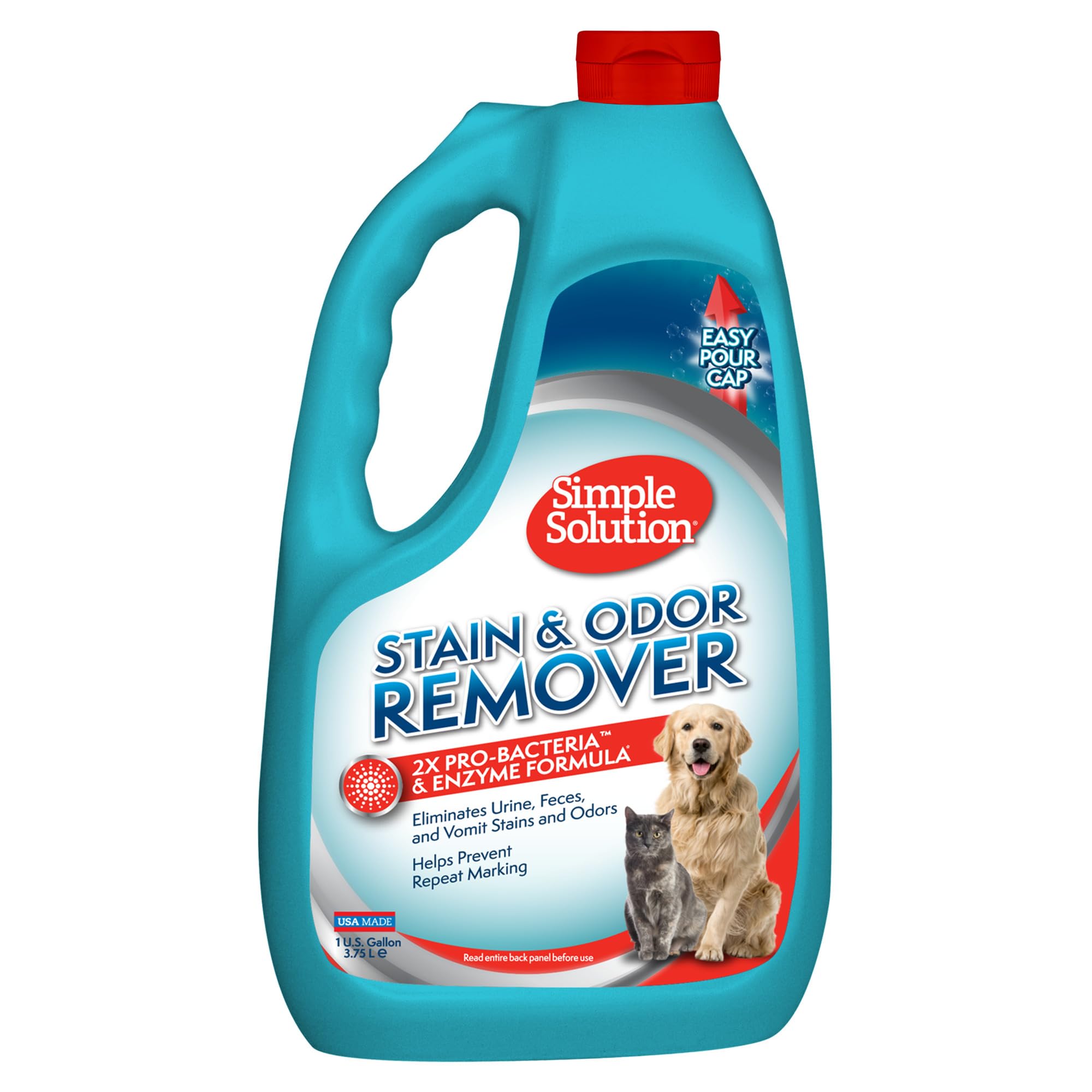Simple Solution Stain And Odor Eliminator Spray For Dogs & Cats, Enzyme Cleaner With 2X Pro-Bacteria Cleaning Power, Strong Smell Remover For Carpets, Upholstery & Floors, 1 Gallon