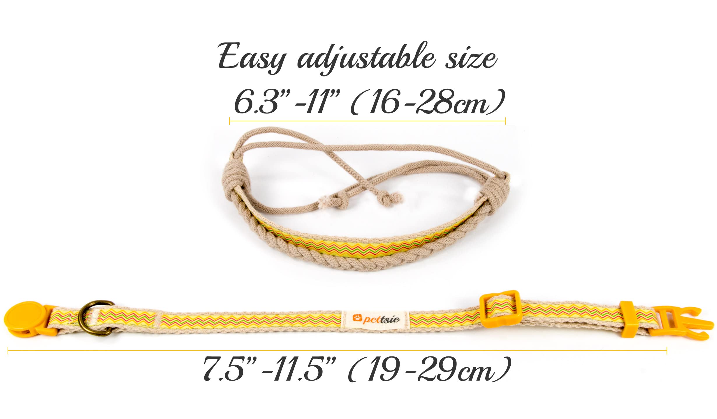 Pettsie Easy Adjustable Cat Collar Set, Safety Breakaway Buckle, Matching Friendship Bracelet, Soft Cotton For Sensitive Skin, Ideal For Kitty Lovers, Fits Neck Sizes 7.5-11.5 Inches, Yellow