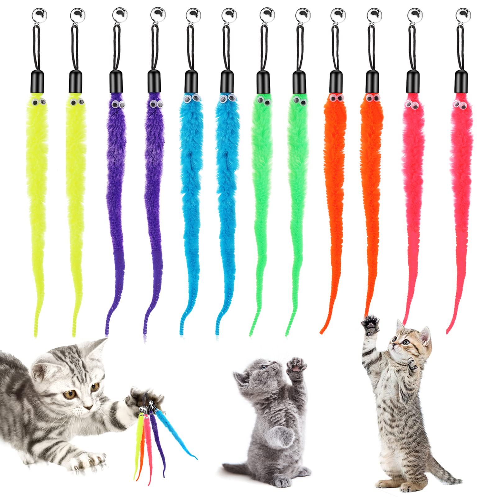 Cobee 12Pcs Cat Worm Toy Refills, Cat Wand Toy Replacement Refills Furry Tail Worm With Bells Assorted Cat Interactive Toy Refills With Bell For Cat Kitten Worm Refills Attachment For Cat Wand