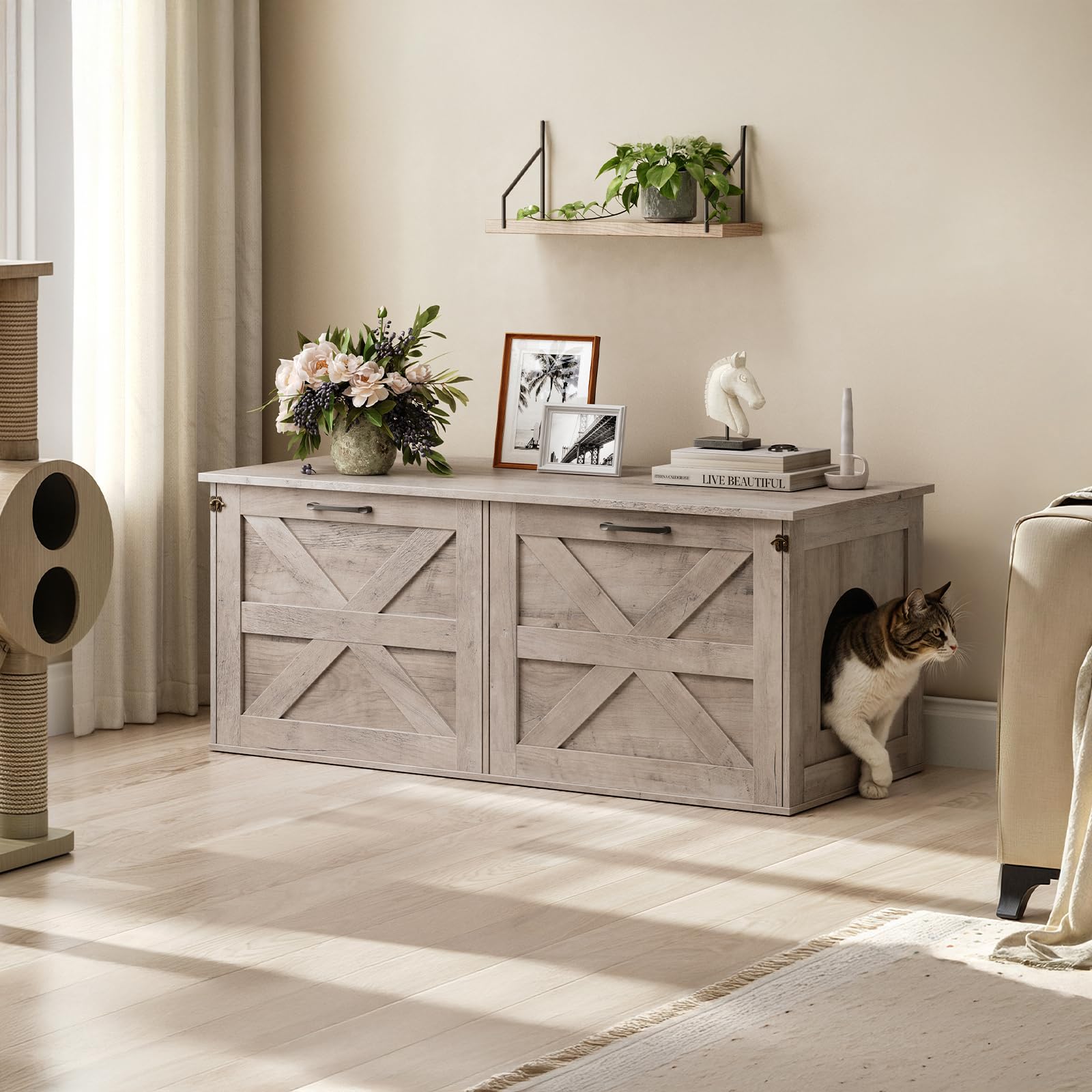 Herture Double Cat Litter Box Enclosure, Hidden Litter Box Cabinet Furniture, Modern Litter Box Storage, Enclosed Cat Litter Box