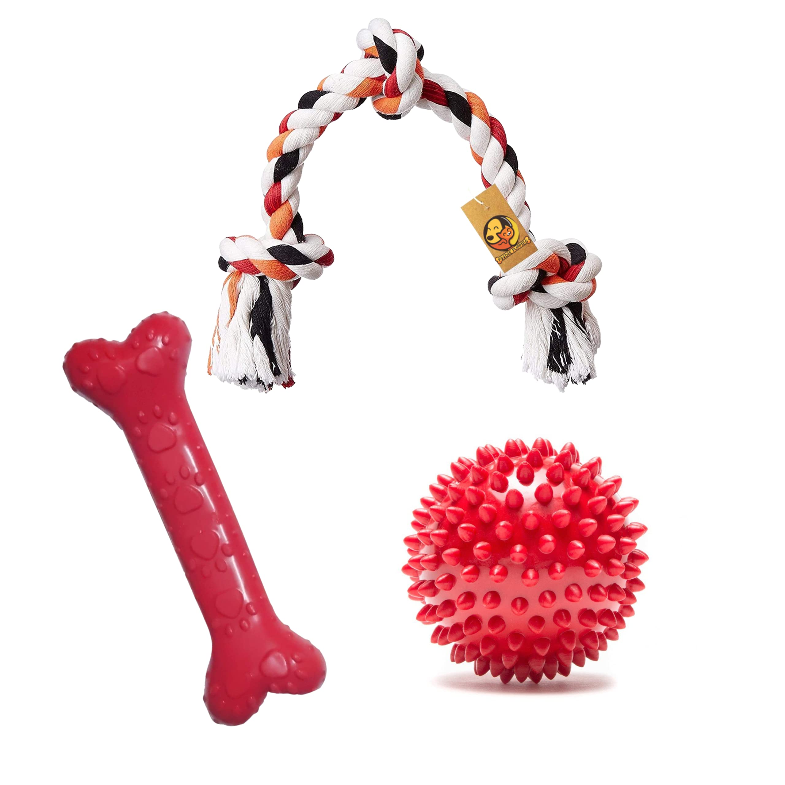 Foodie Puppies 3in1 Dog Cotton Rope and Squeaky Chew Toys Combo for Small and Medium Dogs  (3Knot Rope + Paw Bone + Spike Bal