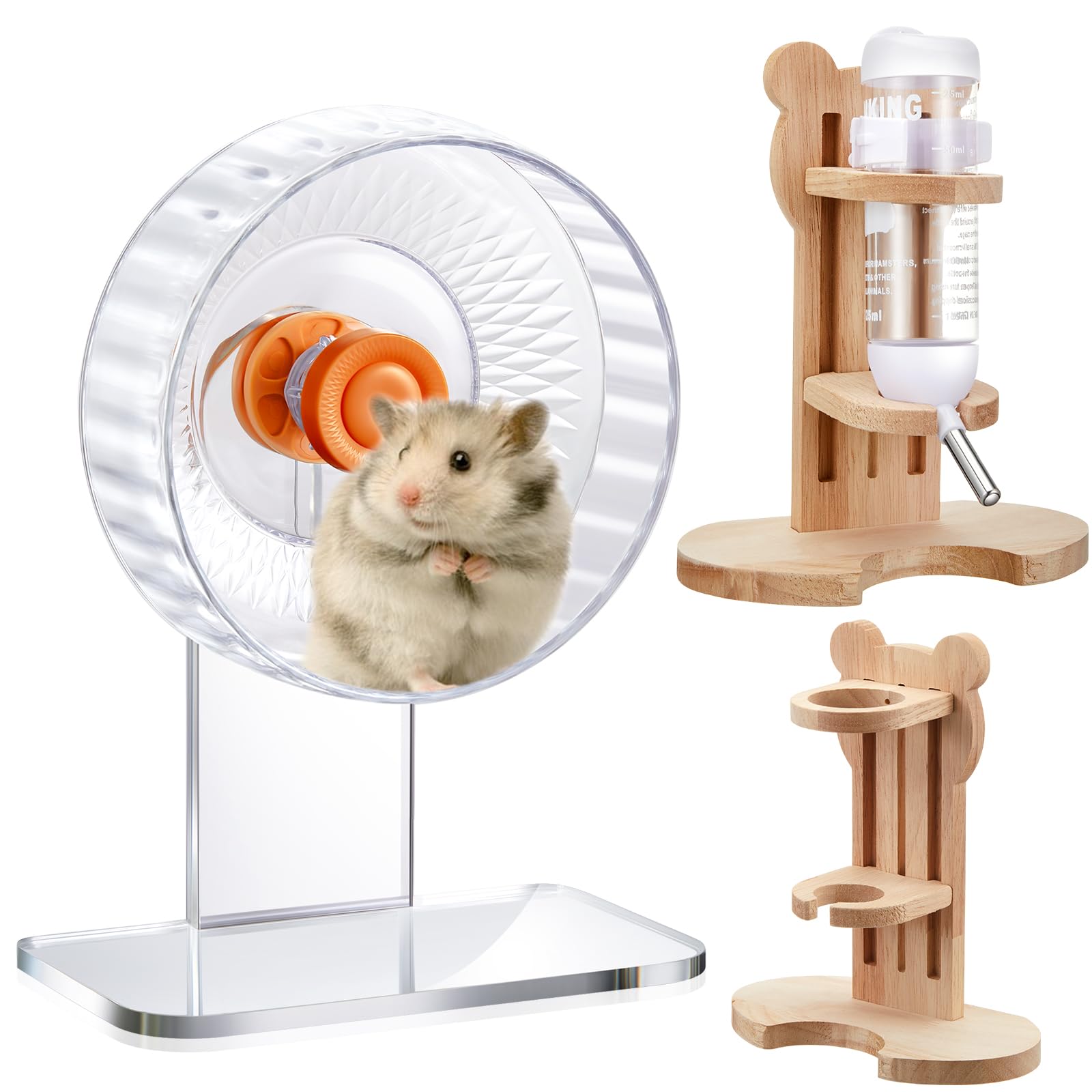 Sonwyoung 2 Pcs 7 Inch Transparent Adjustable Silent Hamster Exercise Wheels And Hamster Water Bottle Set Guinea Pig Running Whe