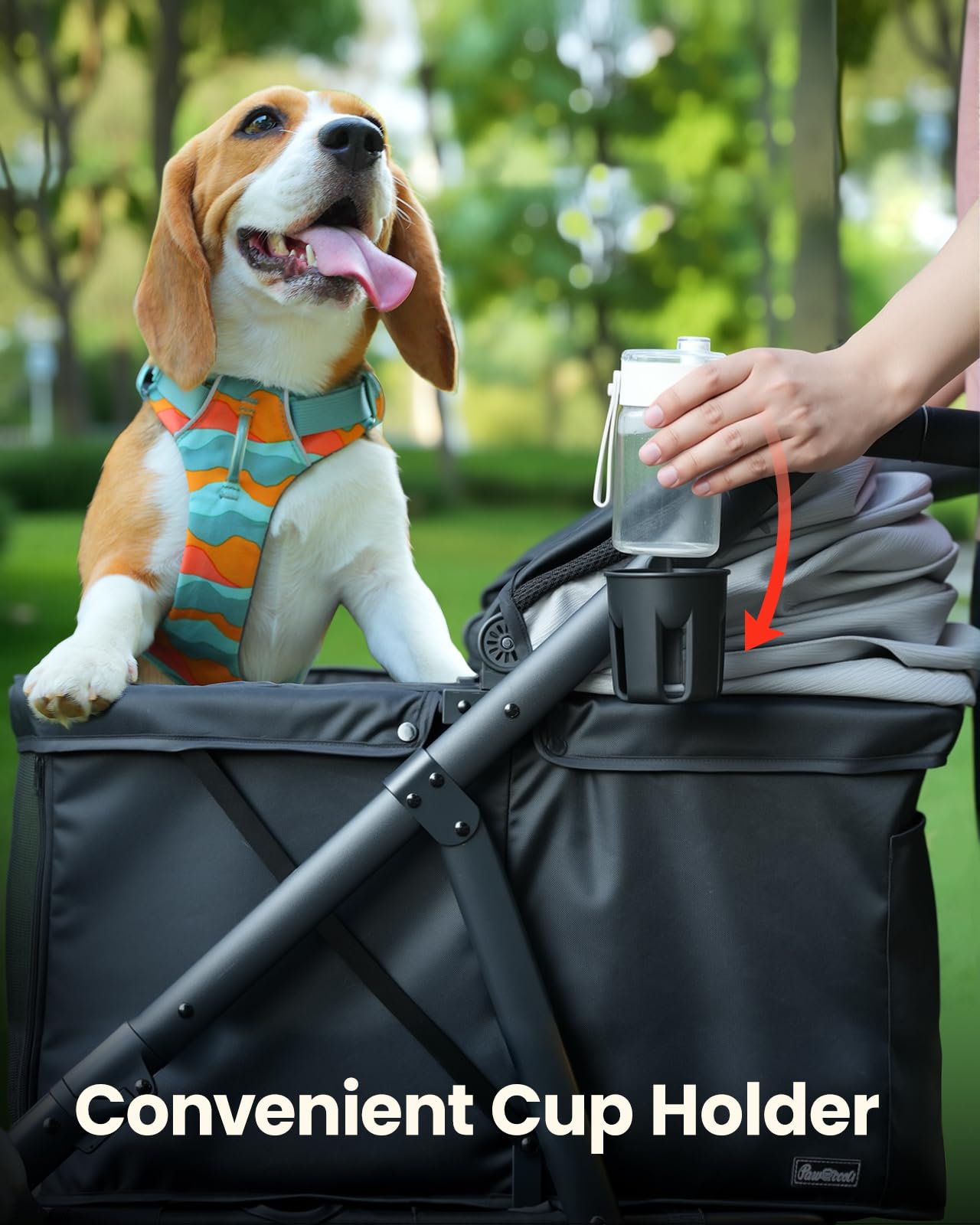 Pawccoli Medium Dog Stroller, Foldable Pet Stroller with Adjustable Handle & No Zip Entry, Storage Basket & Cup Holder, Canopy,