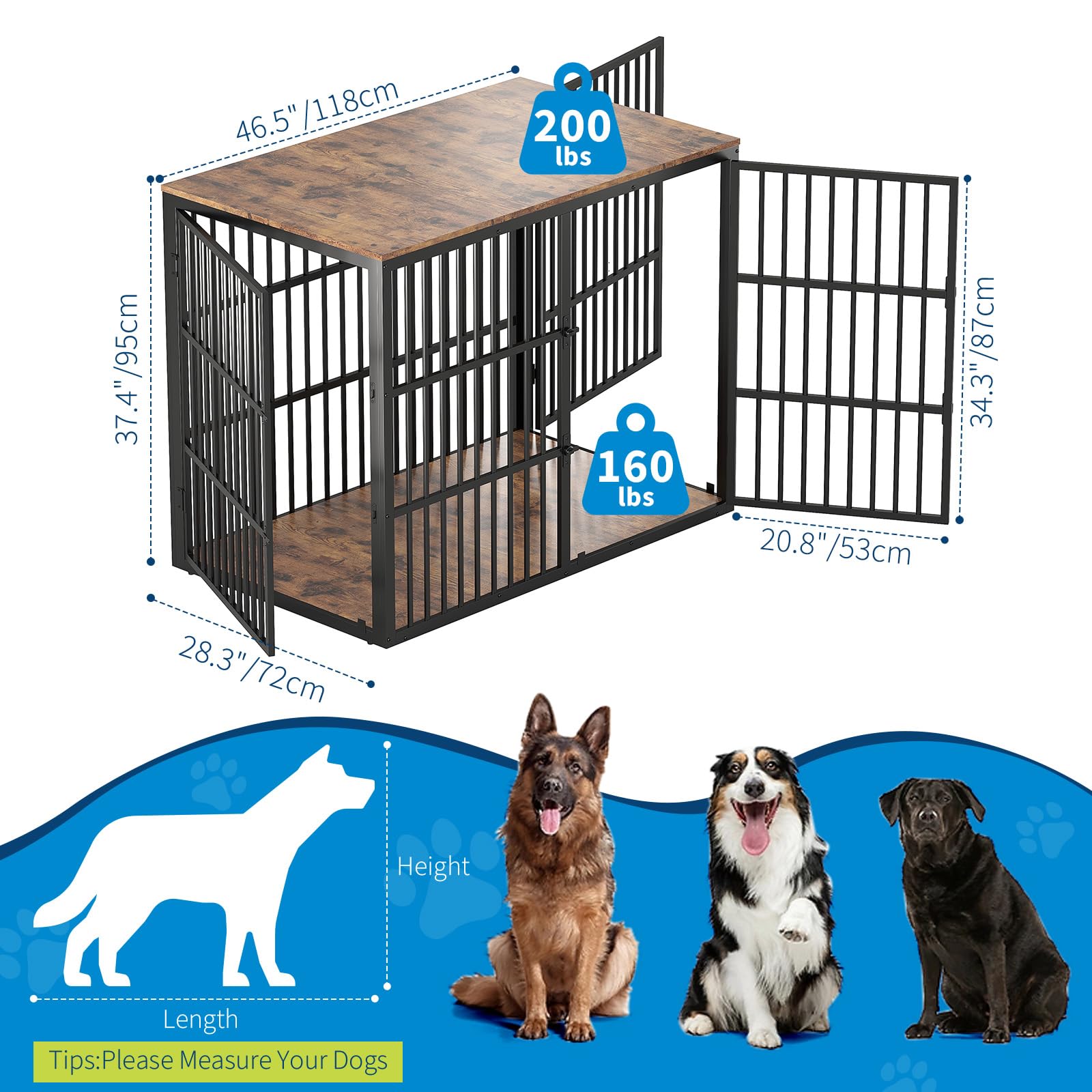 48 Dog Crate Furniture, 3-in-1 Wooden Dog Kennel with 3 Lockable Doors, Heavy Duty Metal Frame & Sturdy Panels, Large End Tabl
