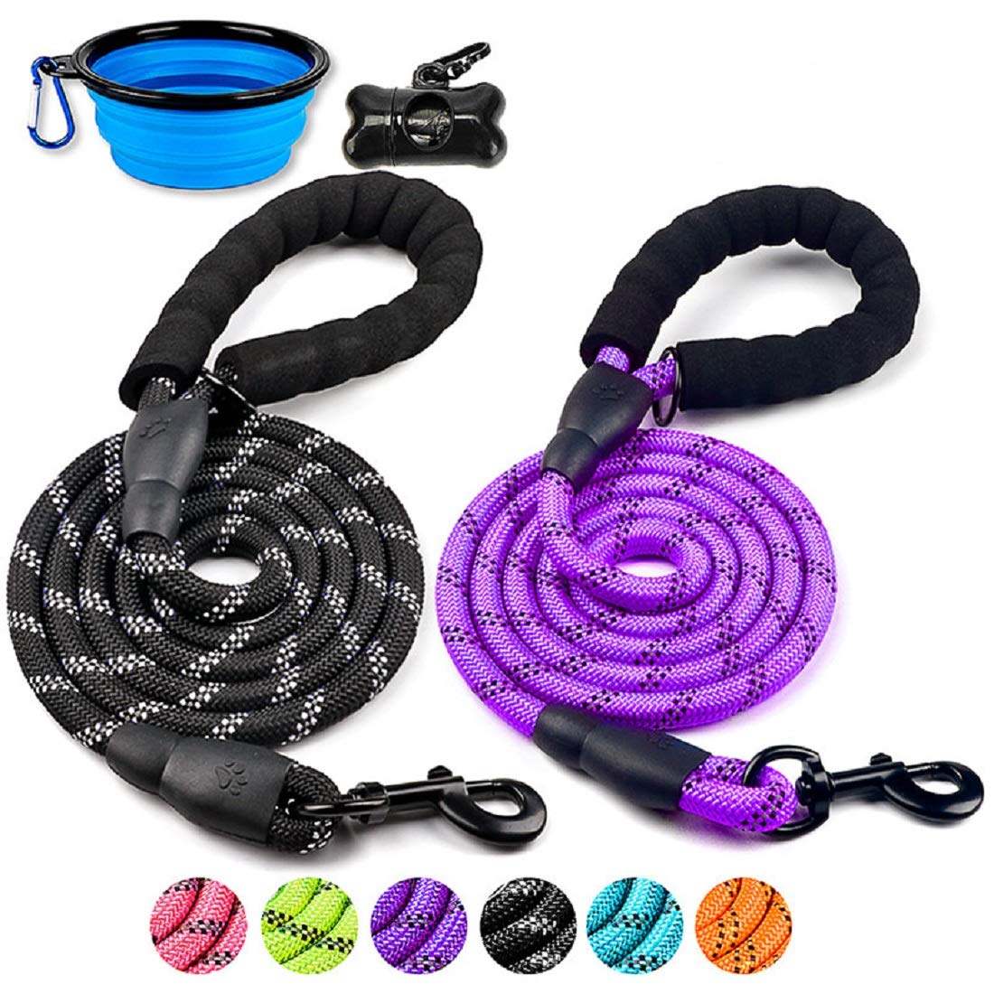 Doyoo 2 Pack Dog Leash 6 Ft Thick Durable Nylon Rope - Comfortable Padded Handle Reflective Rope Dog Leash For Medium Large Dogs With Collapsible Pet Bowl And Garbage Bags (6Ft- Black + Purple)