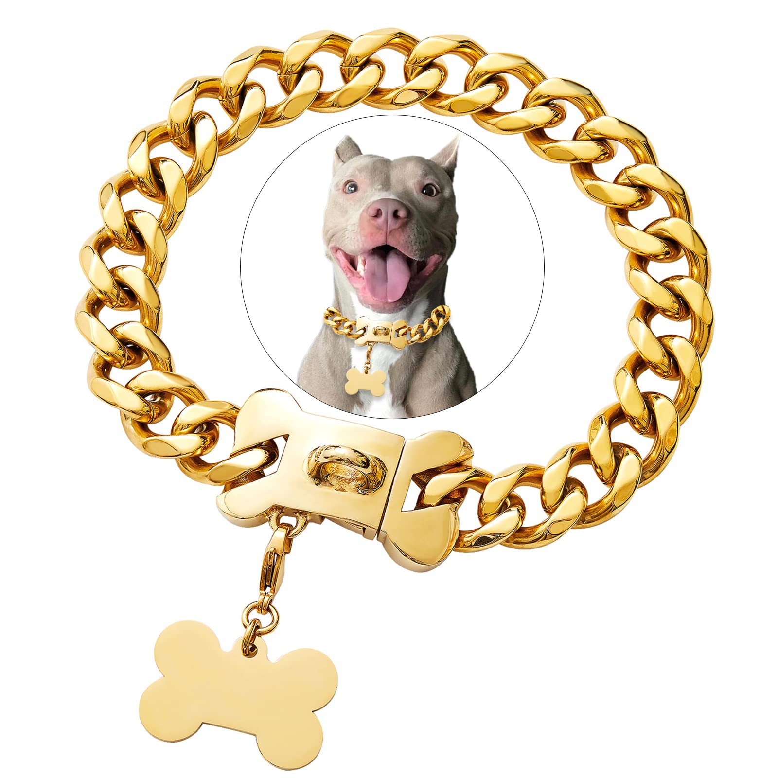 Gold Chain Stainless Steel Cuban Link Heavy Duty Dog Collar For Small Medium Large Dogs, American Bully French Bulldog Dog Neckl