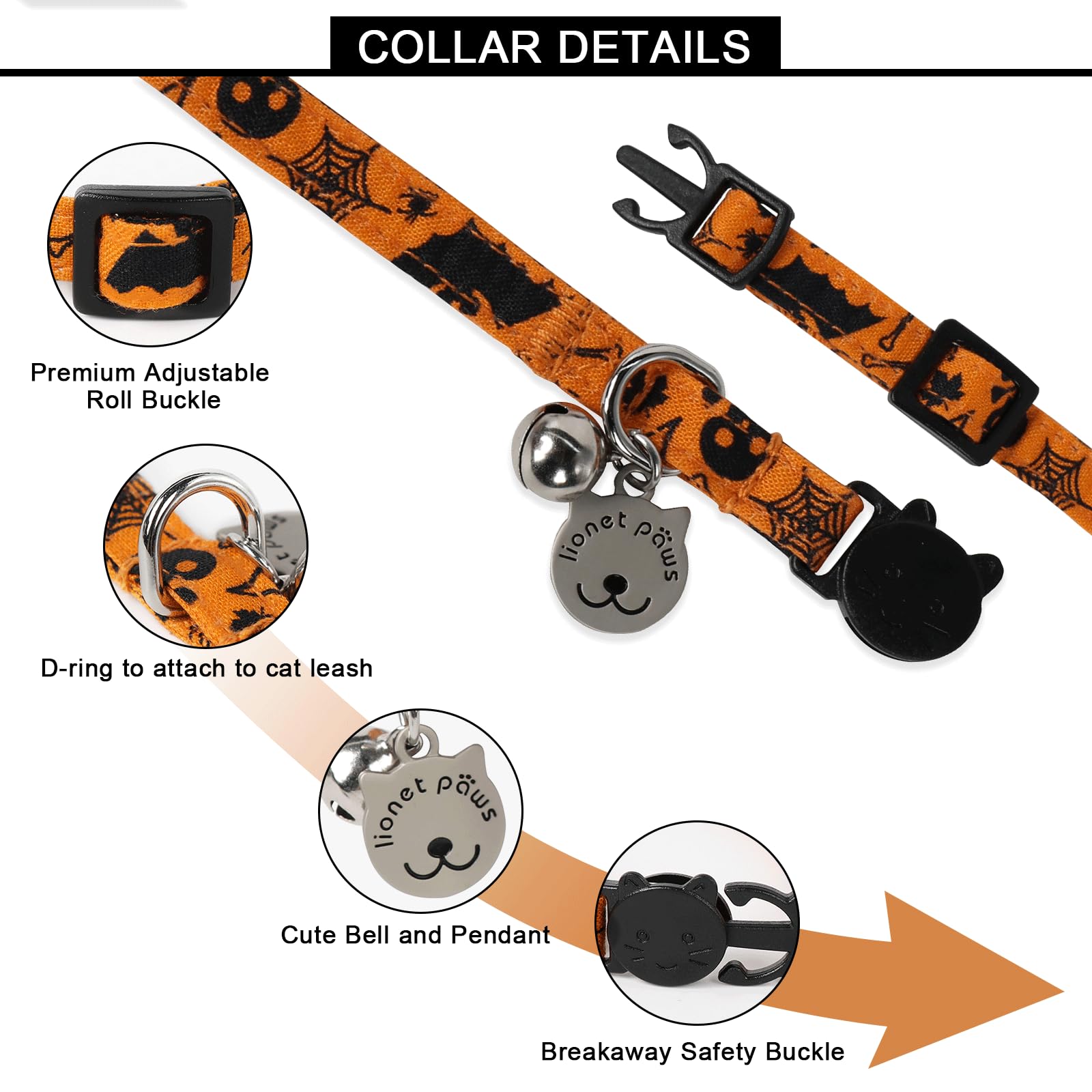 Lionet Paws 2Pcs Pack Cotton Cat Collar,Breakaway Buckle With Halloween And Brand Pendant Cute Adjustable Cat Kitten Collar,Idea