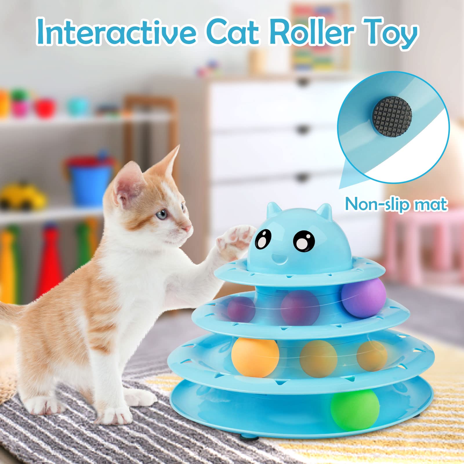 UPSKY 20 PCS Cat Roller Toy 3-Level Turntable for Indoor Cats - Kitten Set With Teaser, Mice, Spring, and Various Ball Toys