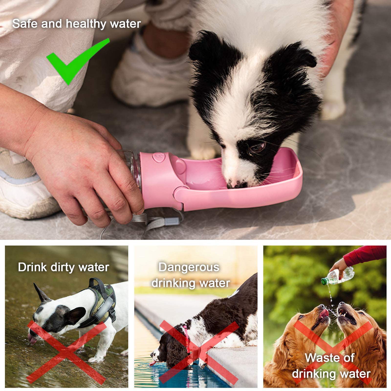 Dog Water Bottle Portable, Leak Proof Foldable Pet Water Dispenser For Dogs & Cats, 350Ml (12Oz) Dog Water Bowl Drink Cup Pet Summer Accessories For Outdoor Travel Walk Hinking (Pink)