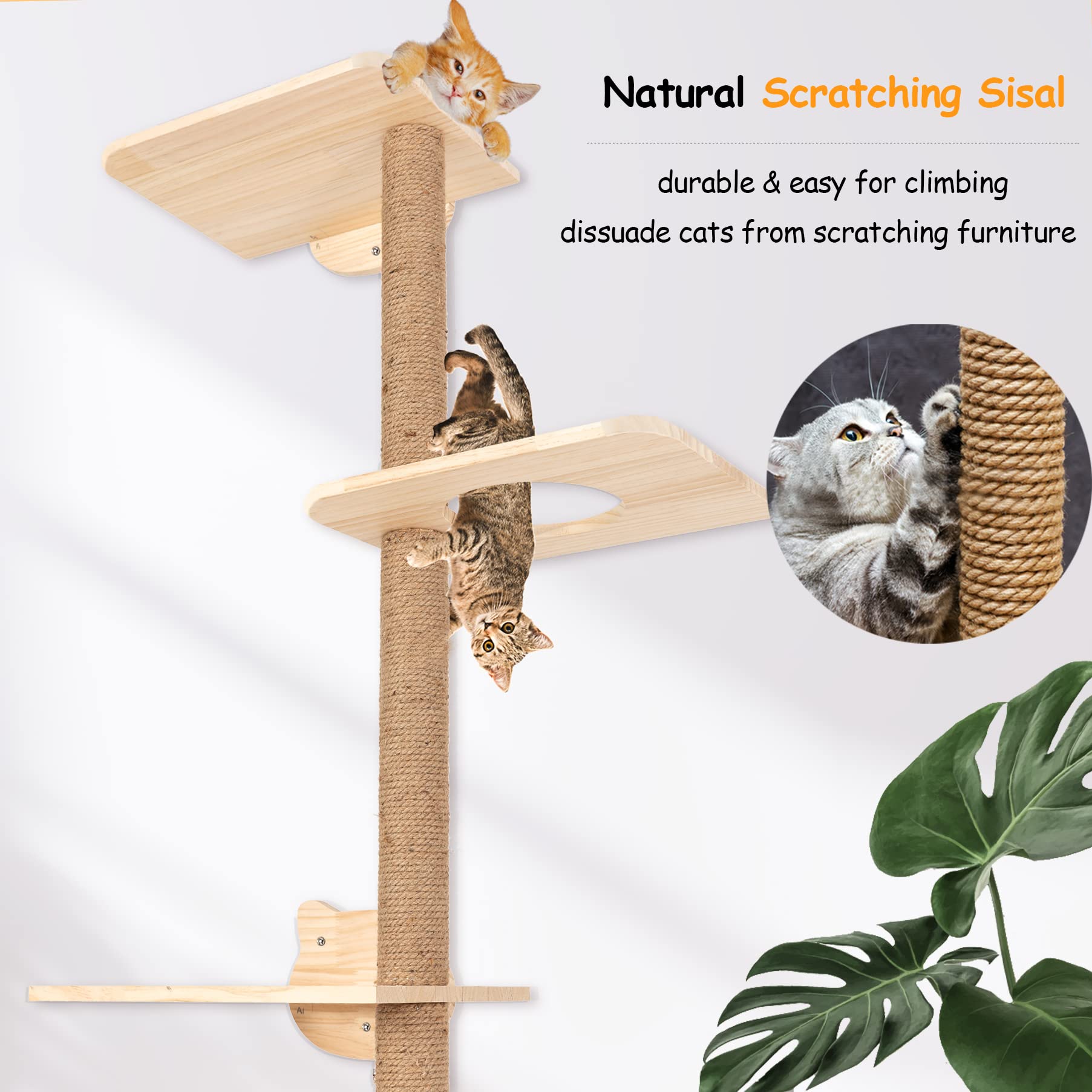 Cat Tree Wall Mounted Tall Scratching Post For Indoor Cats Climbing Tower Activity Wood Cat Wall Furniture 73 Inch