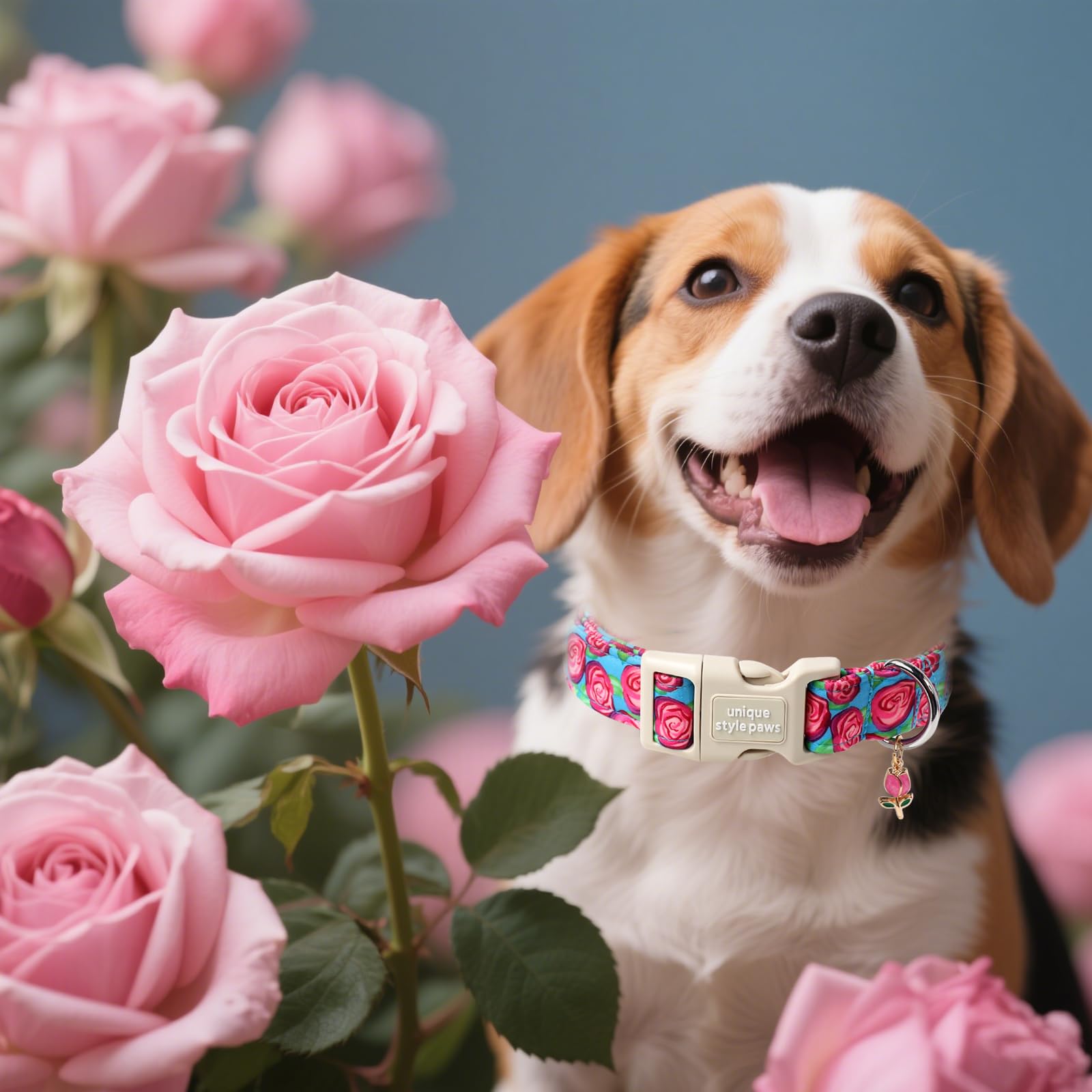 Unique Style Paws Summer Dog Collar,Blue Dog Collars With Hot Pink Rose Pattern,Adjustable Puppy Collar For Small,Medium,Large P