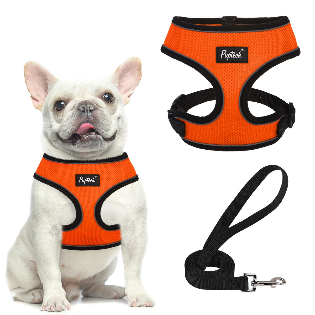 Pupteck Soft Mesh Dog Harness And Leash Set Pet Puppy Cat Comfort Padded Vest No Pull Harnesses, Solid Orange, M